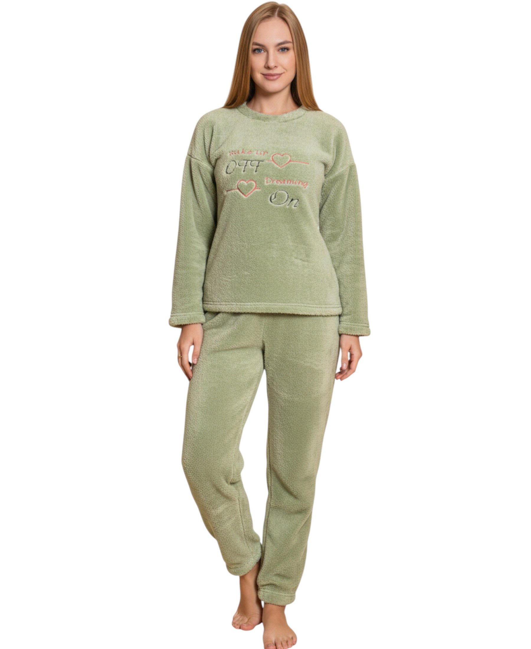 fashionshowcase Hausanzug Damen Winter Pyjama Set Schlafanzug Plüsch Zweiteiler weich