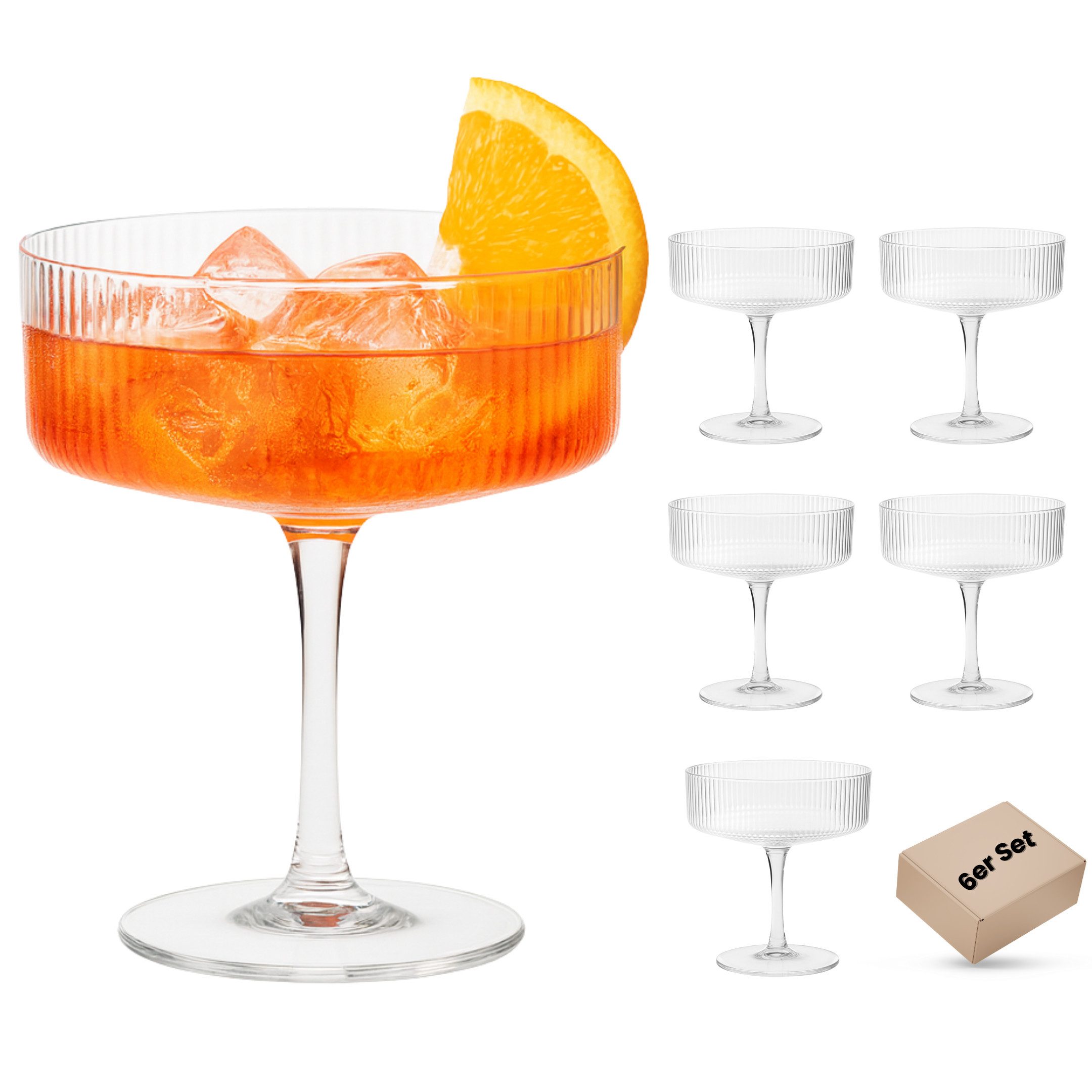 DAL CERO Martiniglas Cocktailglas – Elegantes geripptes Glas für Cocktails & Desserts, 6-tlg., 1-12er Set in 2 Größen