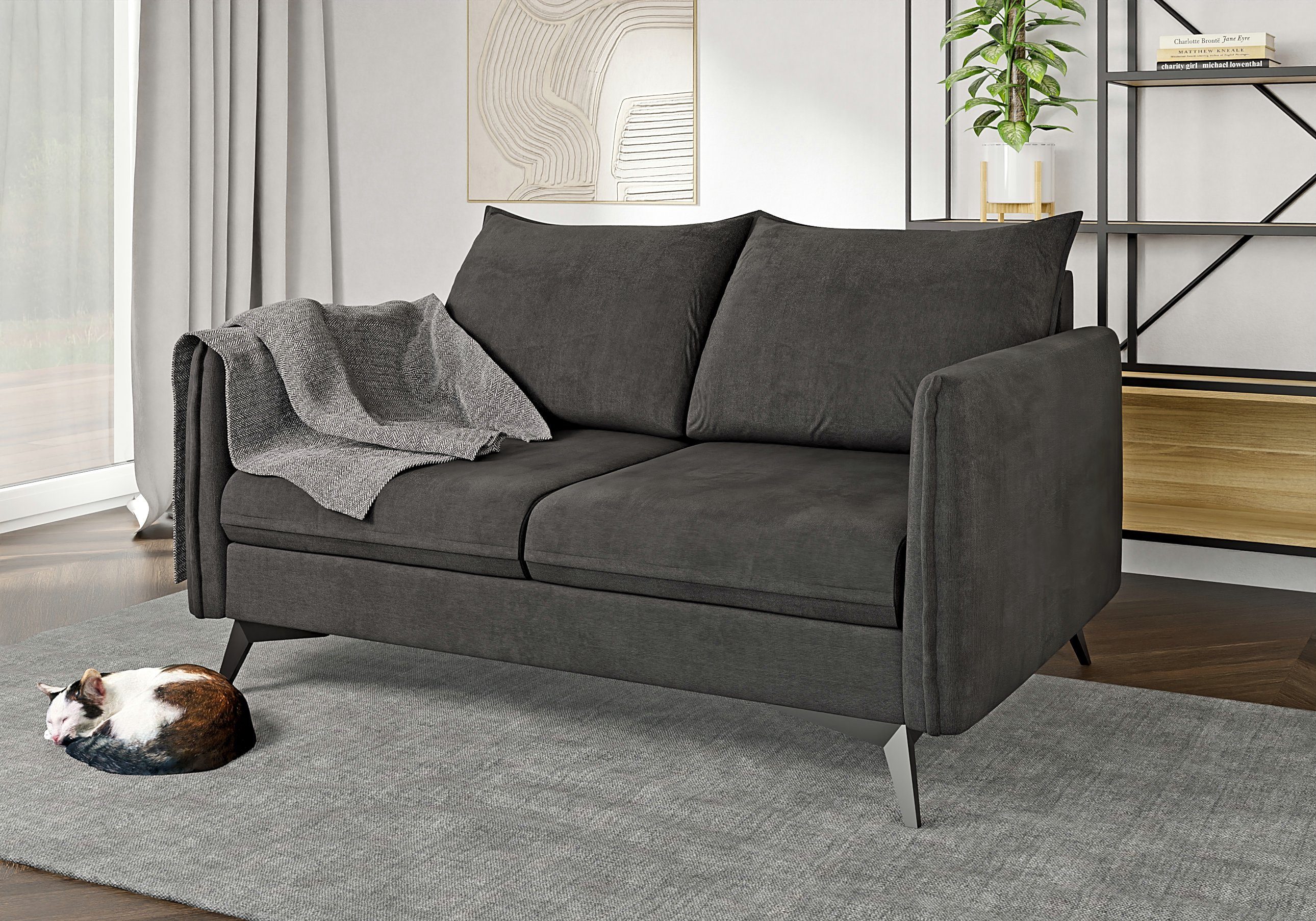 S-Style Möbel Azalea Füßen, Modernes mit mit Metall Wellenfederung 2-Sitzer Schwarz Graphit Sofa