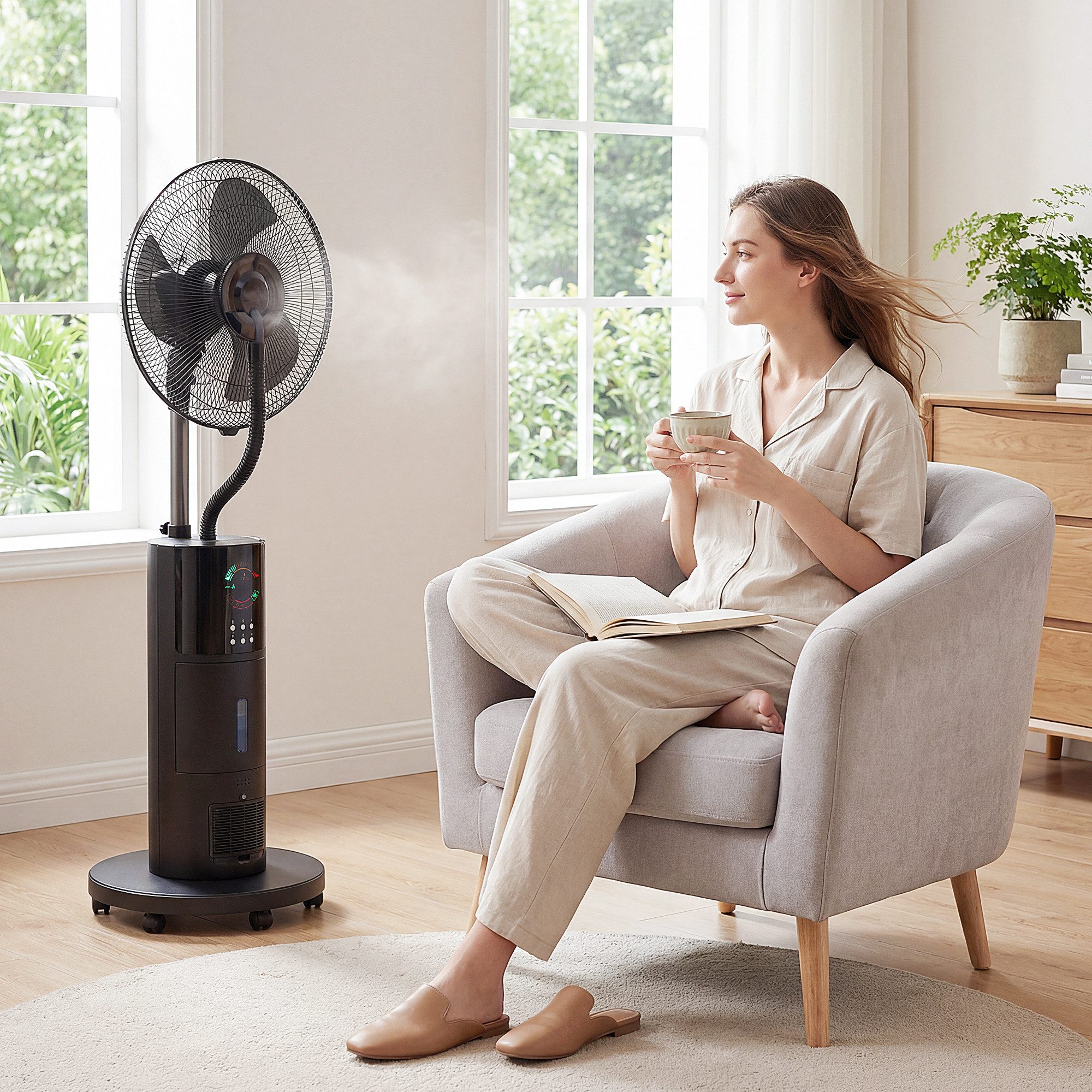 HOMCOM Standventilator Wasserkühlung Luftbefeuchter leise, 45 cm Durchmesser, 4-in-1: Ventilator, Luftkühlung, Ionisator, Mückenschutz