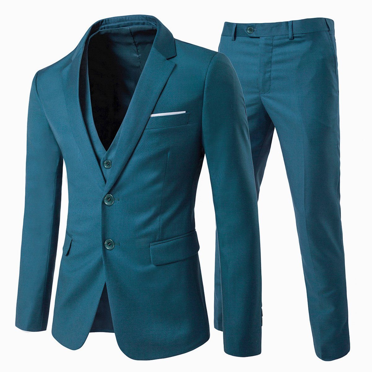 & Knöpfe Anzug XY05-3P Business Sakko Slim tlg, Fit Hose) für mit & (3 Herrenanzug 2 Weste Meerblau Allthemen