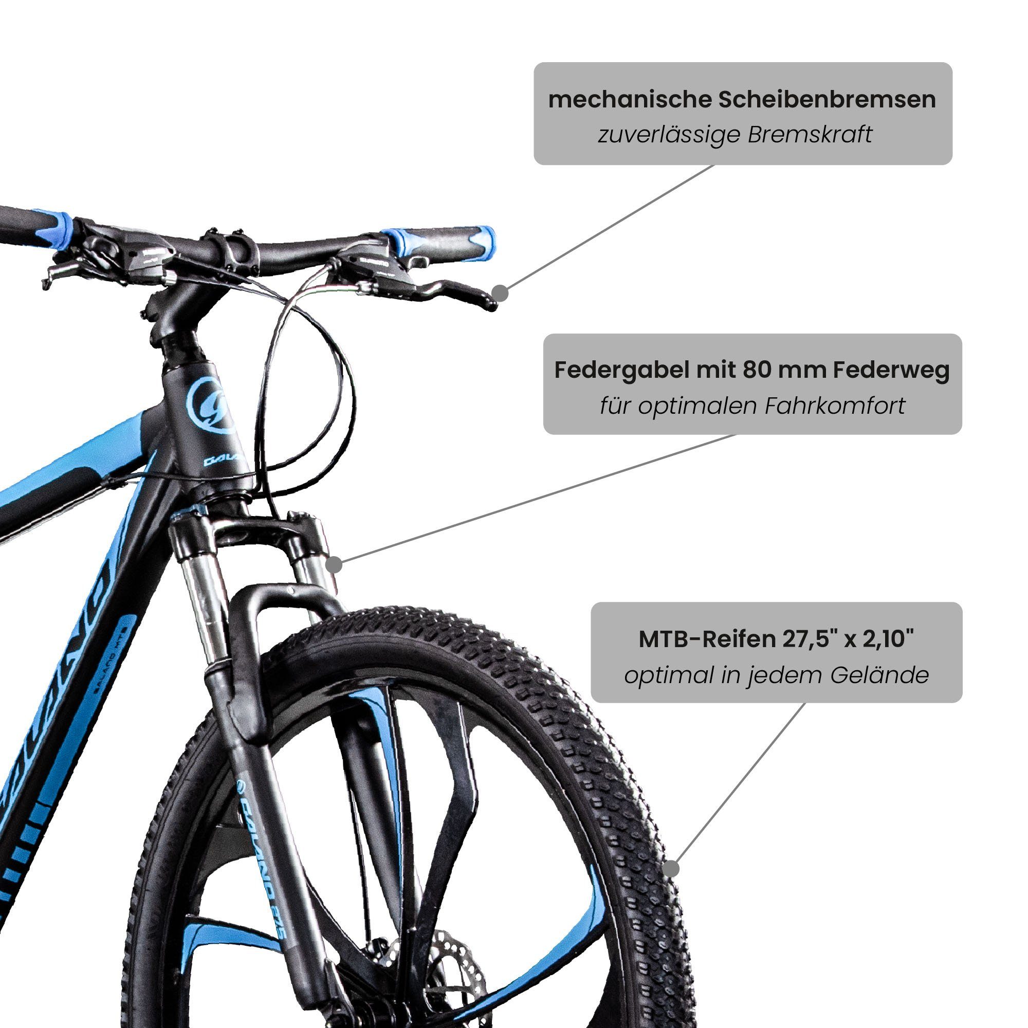 165-185cm und 24 Mountainbike Kettenschaltung, Mountainbike Primal, Gang, Galano schwarz/blau Hardtail Fahrrad Erwachsene MTB Jugendliche