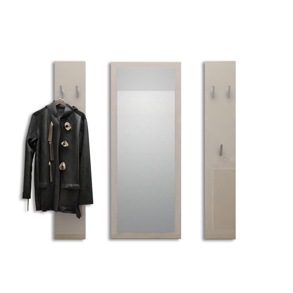 Vladon Garderoben-Set Spot, (Flurgarderobe, mit 2 Garderobenpaneelen und 1 Spiegel), Sandgrau Hochglanz (Paneel: 24 x 140 x 10 cm/Spiegel: 55 x 139 x 2 cm)