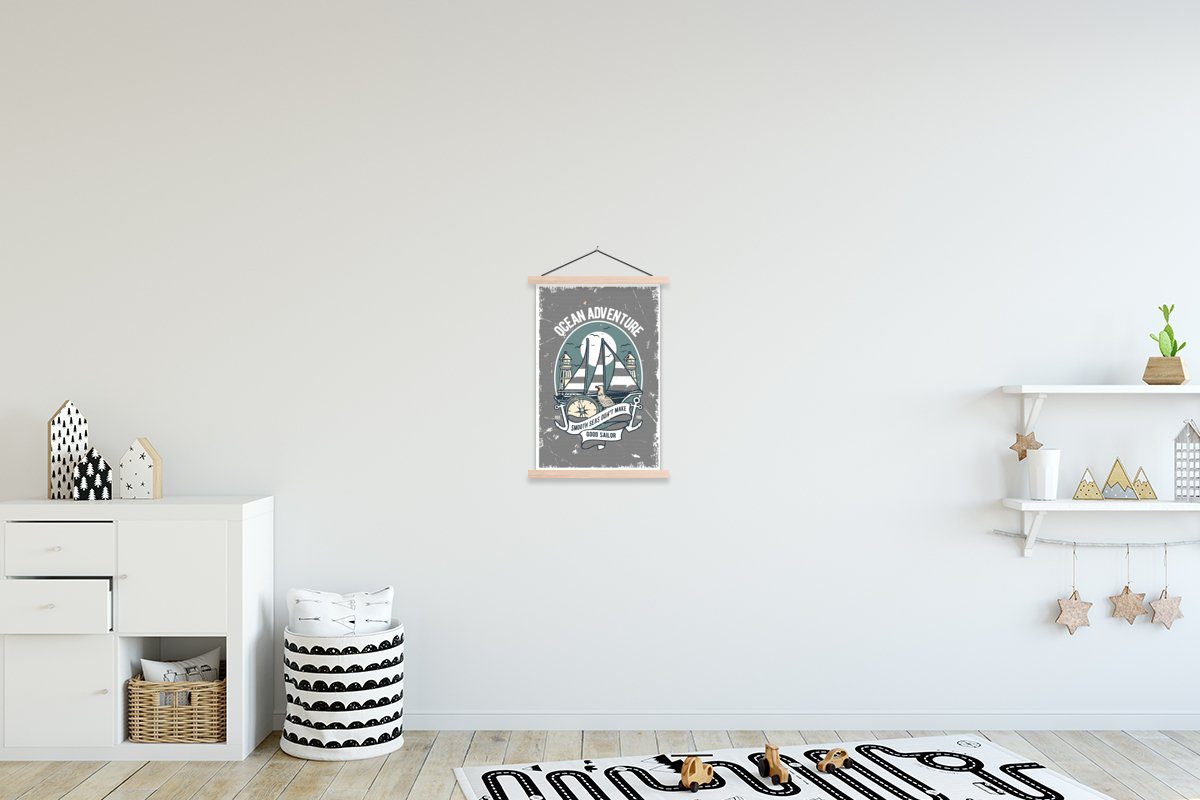 MuchoWow Poster Boot - Segeln - Kompass - Retro, (1 St), Posterleiste, Textilposter für Wohnzimmer, Bilderleiste, Magnetisch