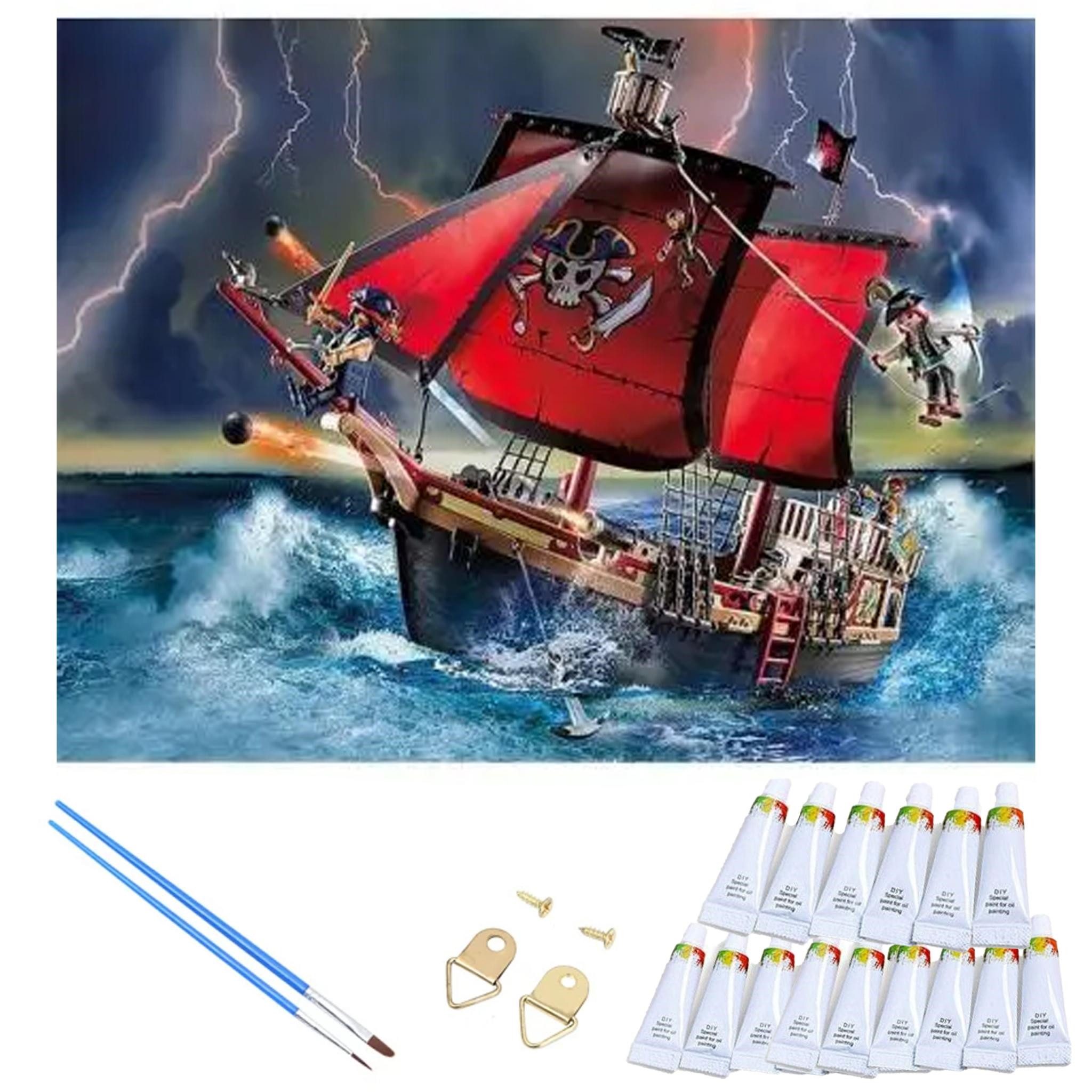 LA CUTE Malen nach Zahlen XL Piratenschiff Malset – Kreatives Malen nach Zahlen Rahmen 40x50cm (Komplettes Malset: Kreatives Malen nach Zahlen mit Rahmen und Farben, Malen nach Zahlen Set: Leinwand 40x50cm, Acrylfarben, Pinsel, Rahmen), Piratenschiff Malset Hochwertige Leinwand 40x50 Acrylfarben & Rahmen