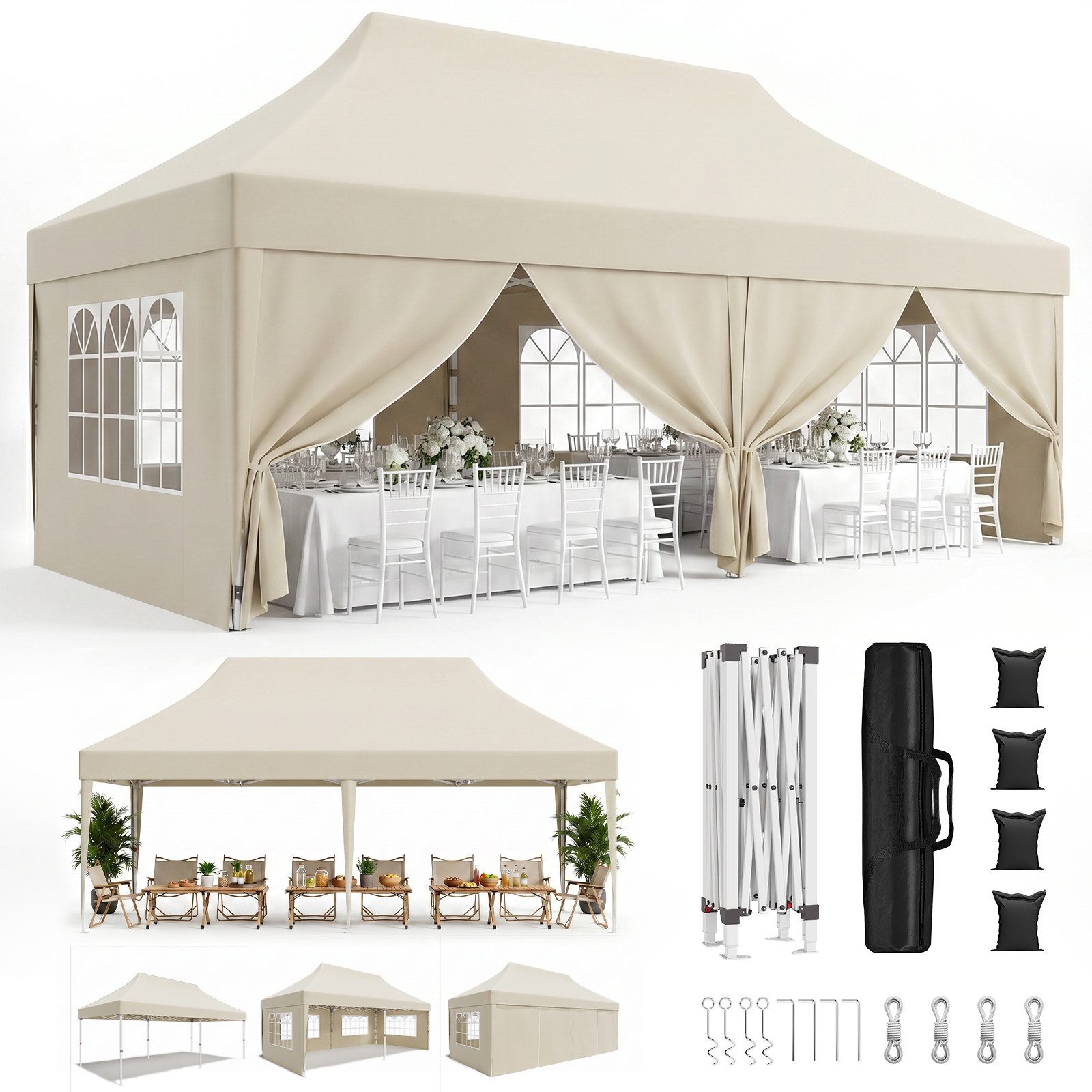 HOMALL Faltpavillon Pop-Up Partyzelt 300x600cm wasserdicht, UV Schutz 50+ Gartenzelt, mit 6 Seitenteilen, Höhenverstellbar Pavillon mit 6 Seitenteilen und Tasche für Garten