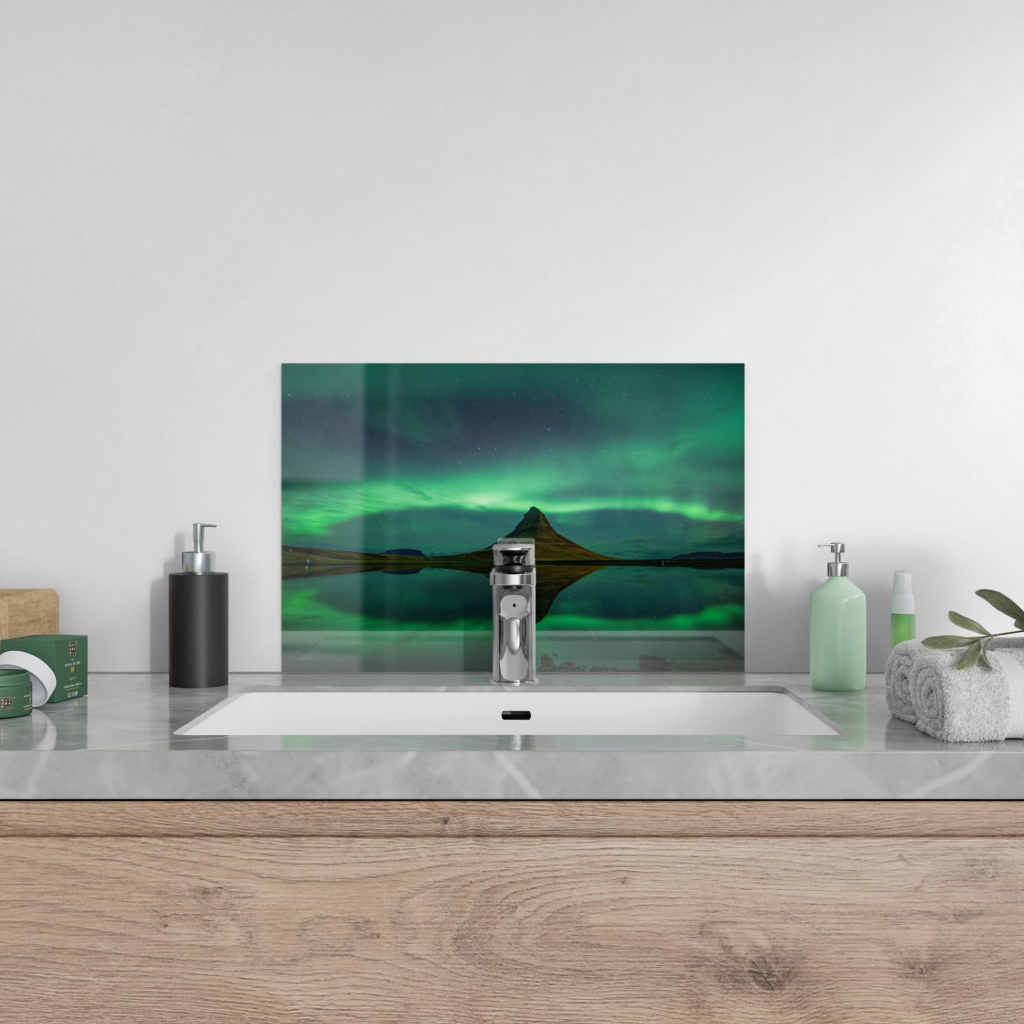 DEQORI Küchenrückwand 'Magischer Lichttanz', Glas Spritzschutz Badrückwand Herdblende