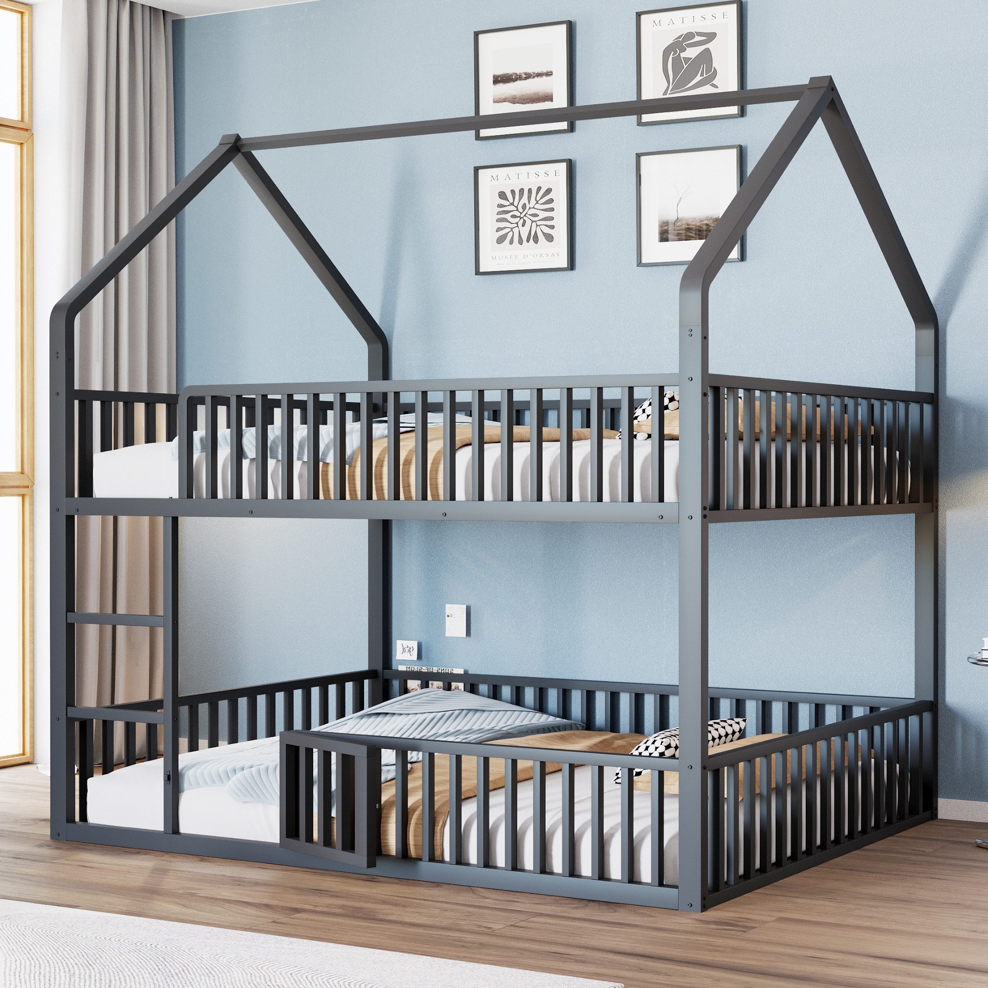 MODFU Etagenbett mit Hochbett-Design, Unteres Familienbett multifunktional (Metallbett mit Tür, Treppe, Kinderbett 140x200 cm), ohne Matratze