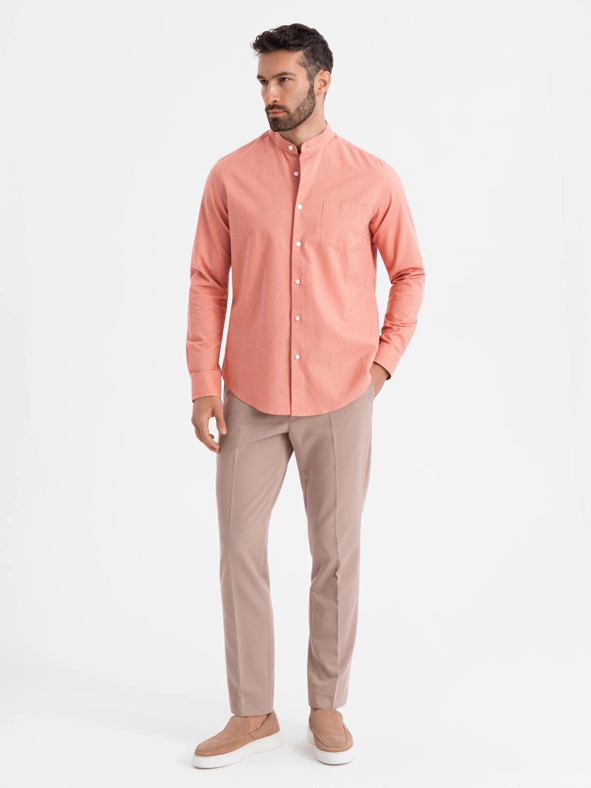 OMBRE Langarmhemd Herren Leinenhemd mit Stehkragen und Tasche REGULAR FIT günstig online kaufen