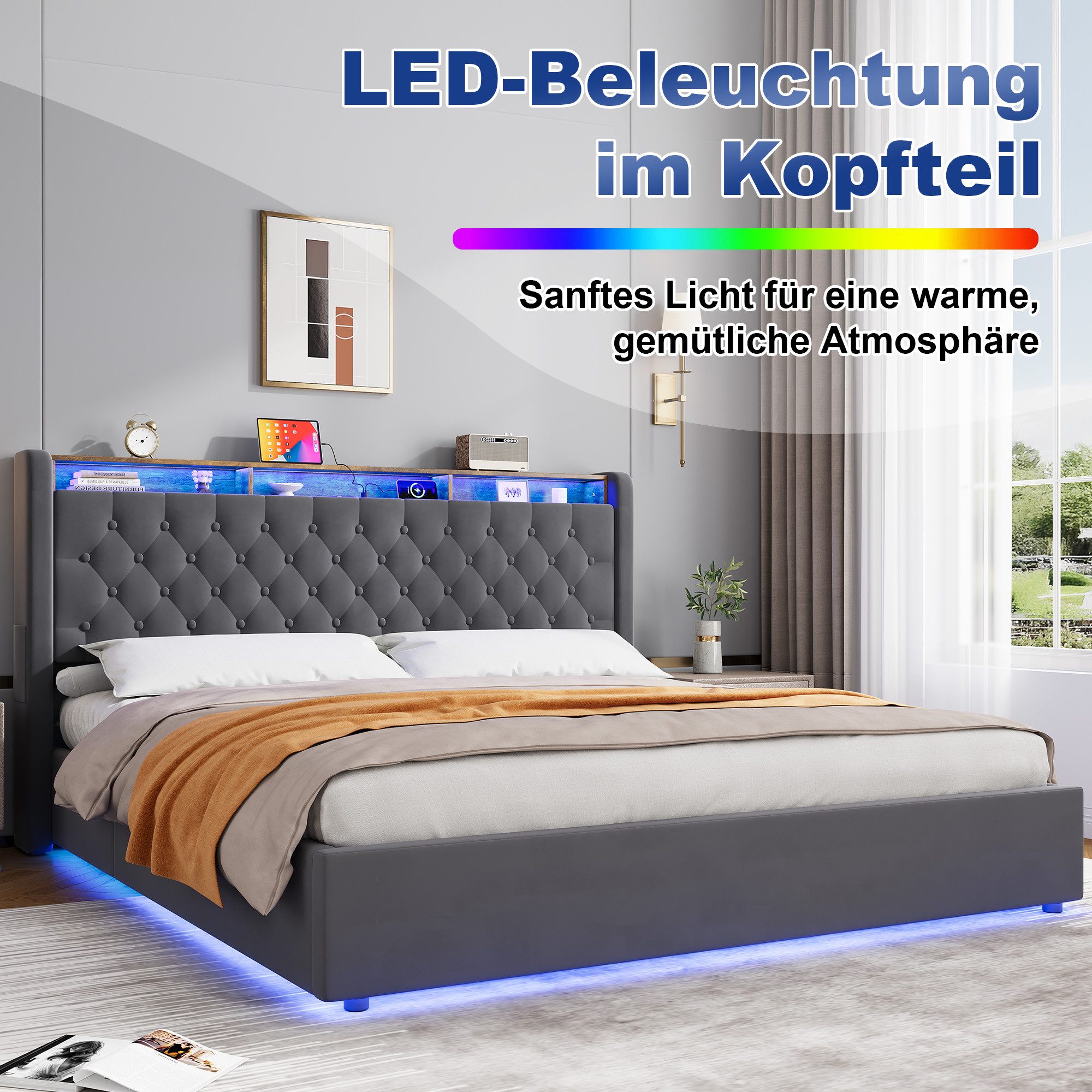 REDOM Polsterbett Hollandvelours-Bezug, mit Stauraum & Ablage (Funktionsbett, 1-tlg., Robuster Metallrahmen, Lattenrost inklusive, ohne Matratze), 180x200 cm mi – Bild 4 von 5