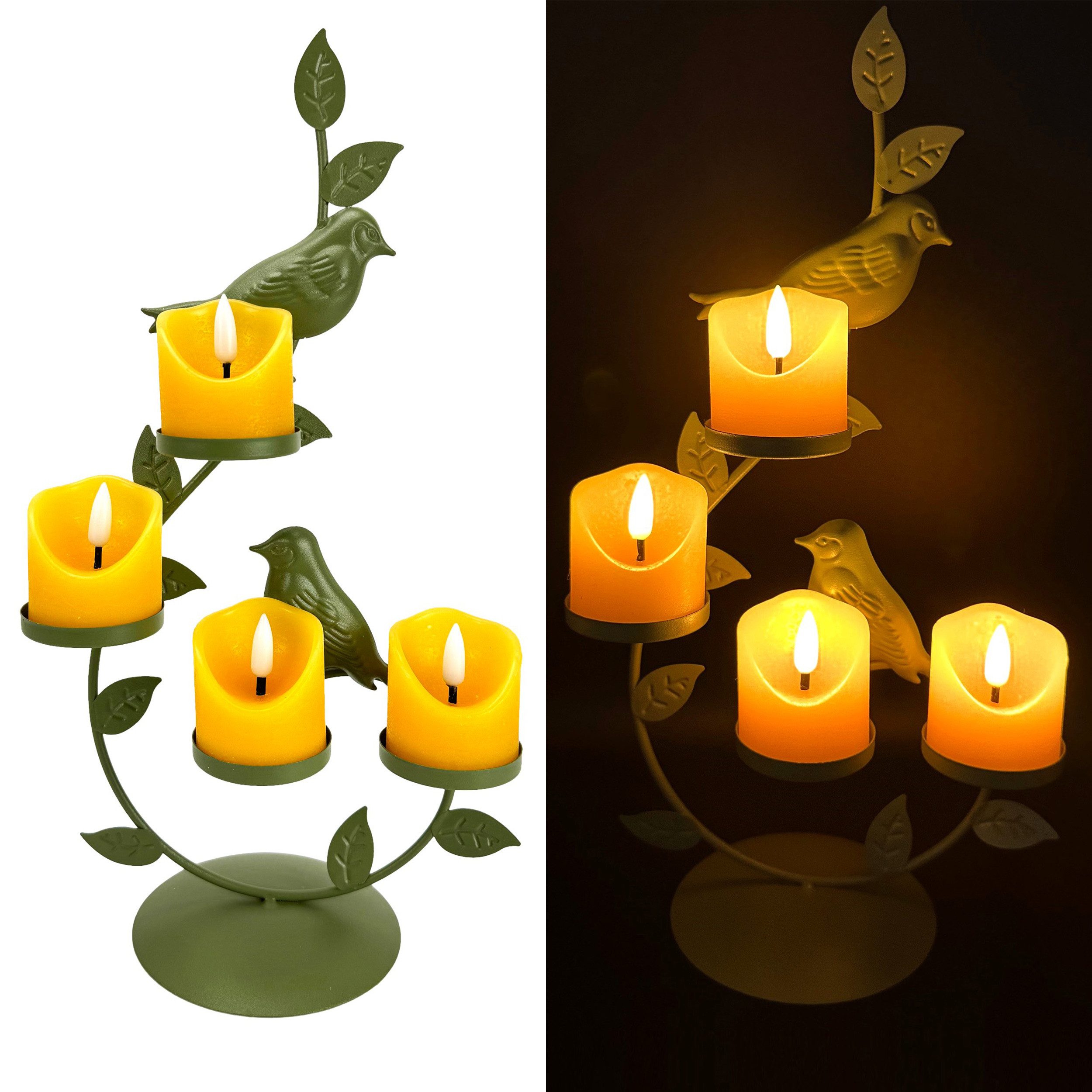 Online-Fuchs Teelichthalter - Kerzenständer inklusive 4 LED-Teelichter mit 6-Stunden Timerfunktion (Weiß oder Grün, mit realistischer Kerzenflamme), Dekoration für den Frühling und Sommer