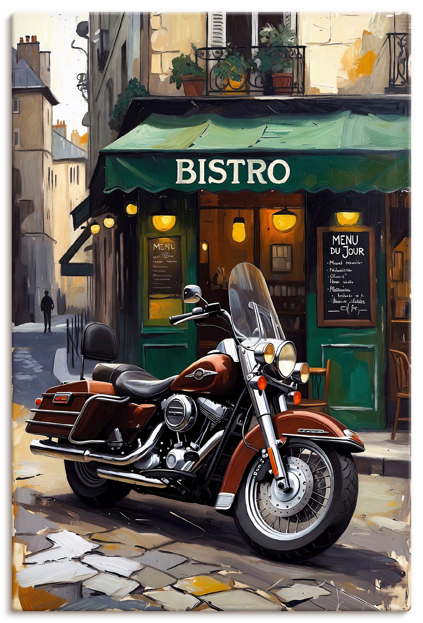 Artland Wandbild Eine parkende Harley vor einem Bistro, (1 St), als Alubild, Leinwandbild, Poster, Wandaufkleber in verschied. Größen