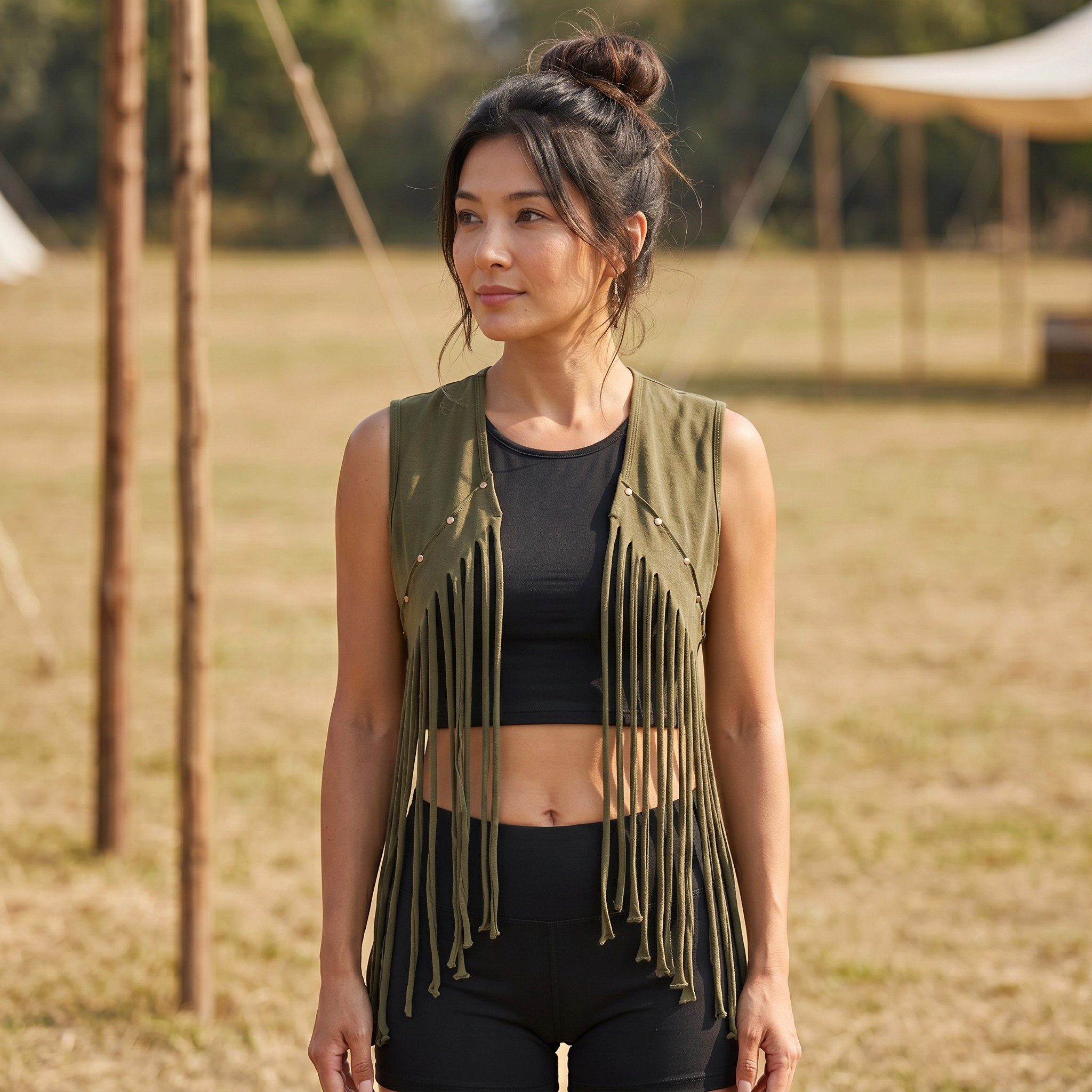 Guru-Shop Langjacke Fransen Festival Weste mit Nieten - grün Festival, alternative Bekleidung