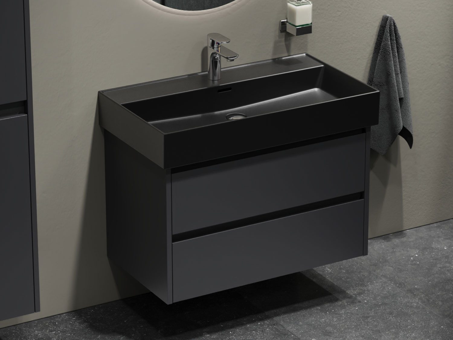 Aqua Bagno Badmöbel-Set Badschrank mit Waschbecken,anthrazit matt lackiert,Waschtisch schwarz, (vormontiert, 2-St., Badmöbelschrank matt lackiert, Keramikwaschbecken schwarz matt), einfache Montage