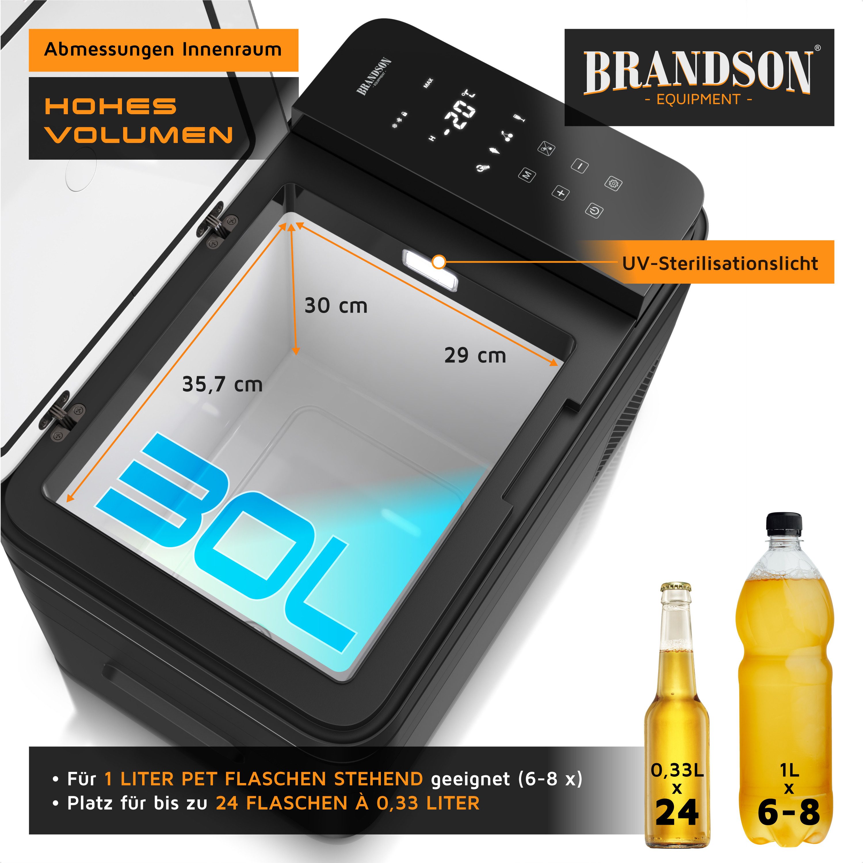 Brandson Elektrische Kühlbox Kompressor Kühlbox, bis – 20°C, ECO Modus, 30 L, für Auto & Haus, 30 l, APP-Steuerung, UV-Sterilisation, Batterieschutz, 230 V, 12 V, 24 V