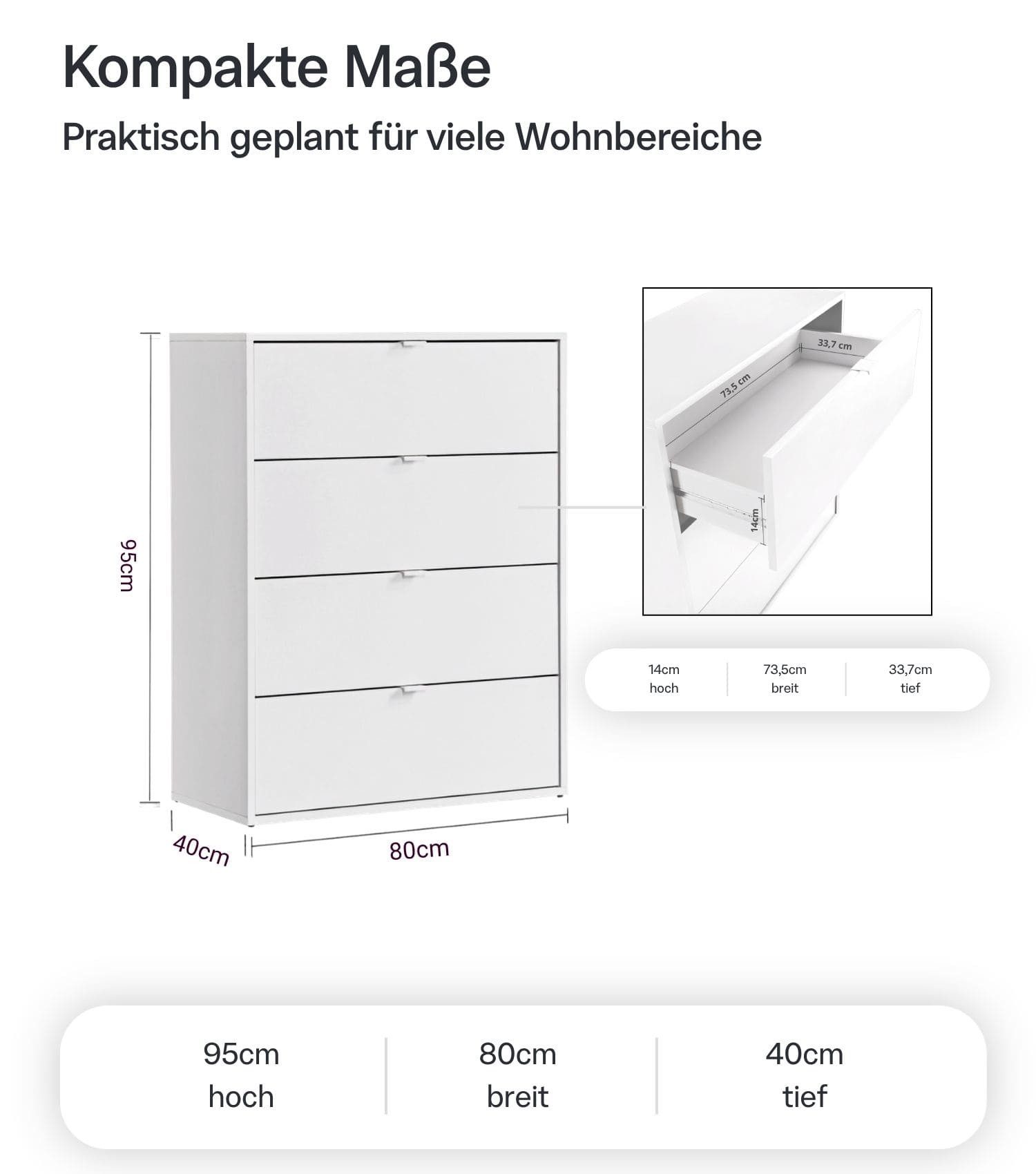 mokebo Sideboard Die Stilvolle (80x95x40cm, mit 4 Schubladen), Made in Germany, Nachttisch, Highboard, Anrichte, Sideboard in Weiß – Bild 4 von 5