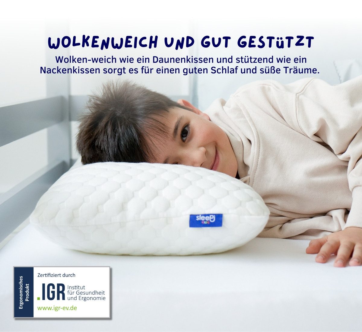 SLEEPI Kopfkissen Kids Cloud, Füllung: Schaumstoffwürfel, Bezug: Tencel®, Rückenschläfer, Seitenschläfer, Kinderkopfkissen, Höhenverstellbar, Memory Foam Würfel, Kinderkissen