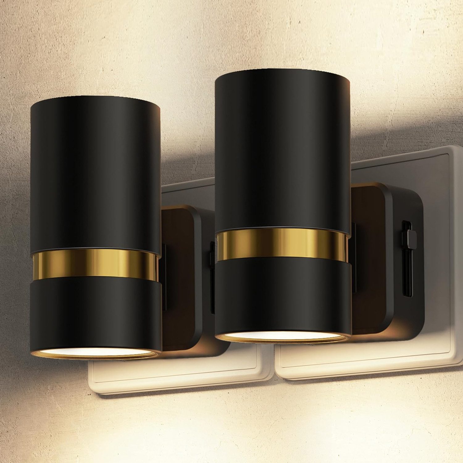 LOHAS-LED Nachtlicht 2er-Set rundes Metall LED Stecknachtlicht mit Dämmerungssensor, LED fest integriert, Warmweiß, Zylinder-Design mit Goldleiste, blendfreies Licht für Flur