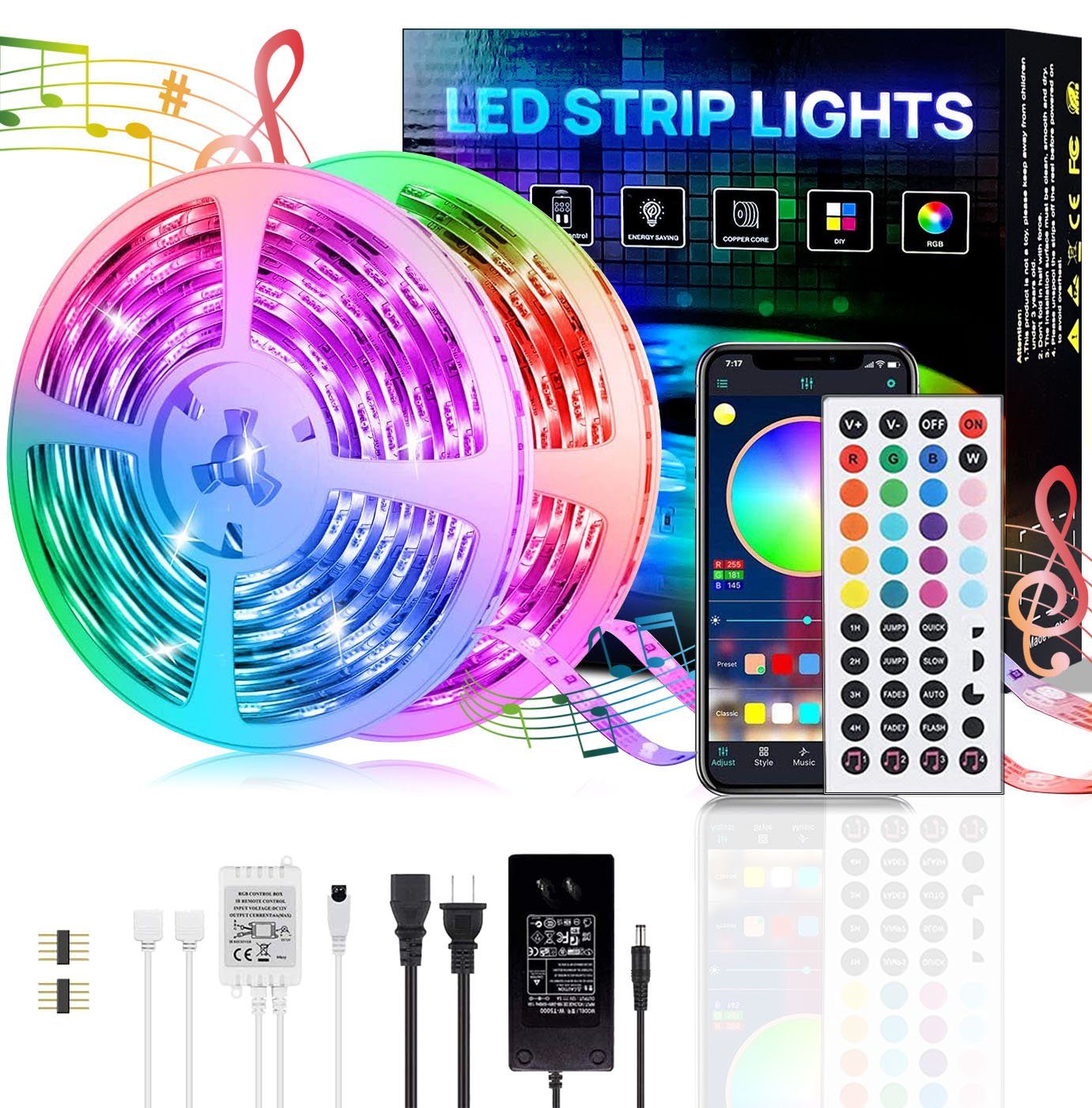 Lamon LED Stripe LED Strip, LED Streifen, Bluetooth-Lichtleiste, 30M, APP  Steuerung, IR-Fernbedienung, Bare Board RGB