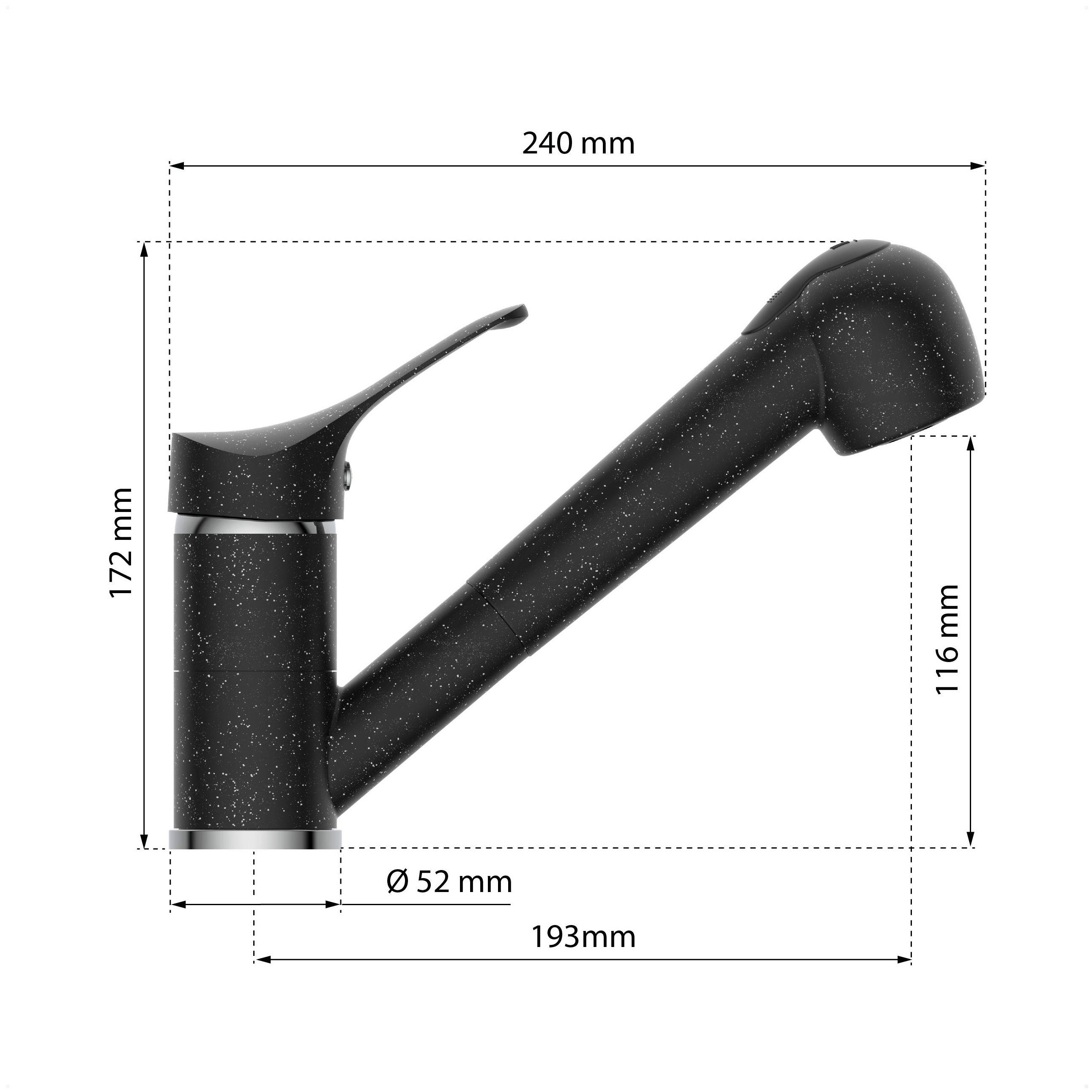 Auslauf herausziehb. Eisl verstellb. Geschirrbrause, 360° GRANIT Spültischarmatur schwarz 2-fach schwenkb.