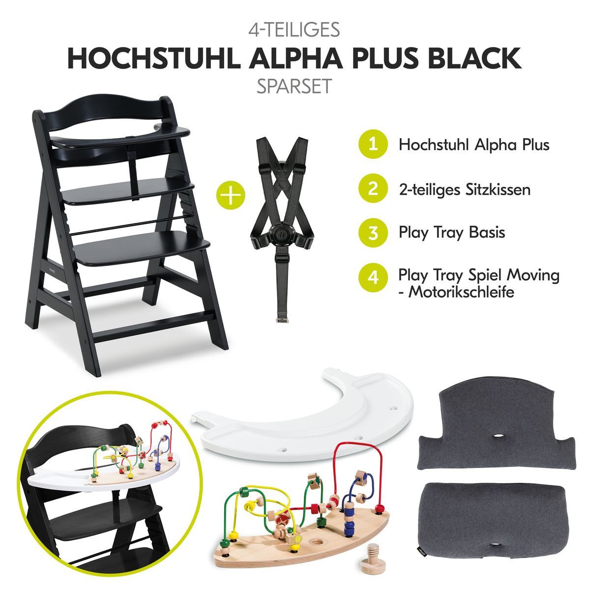 Hauck Hochstuhl Alpha Plus Black, Baby Kinderhochstuhl mit Sitzauflage & Play Tray Basis - mitwachsend