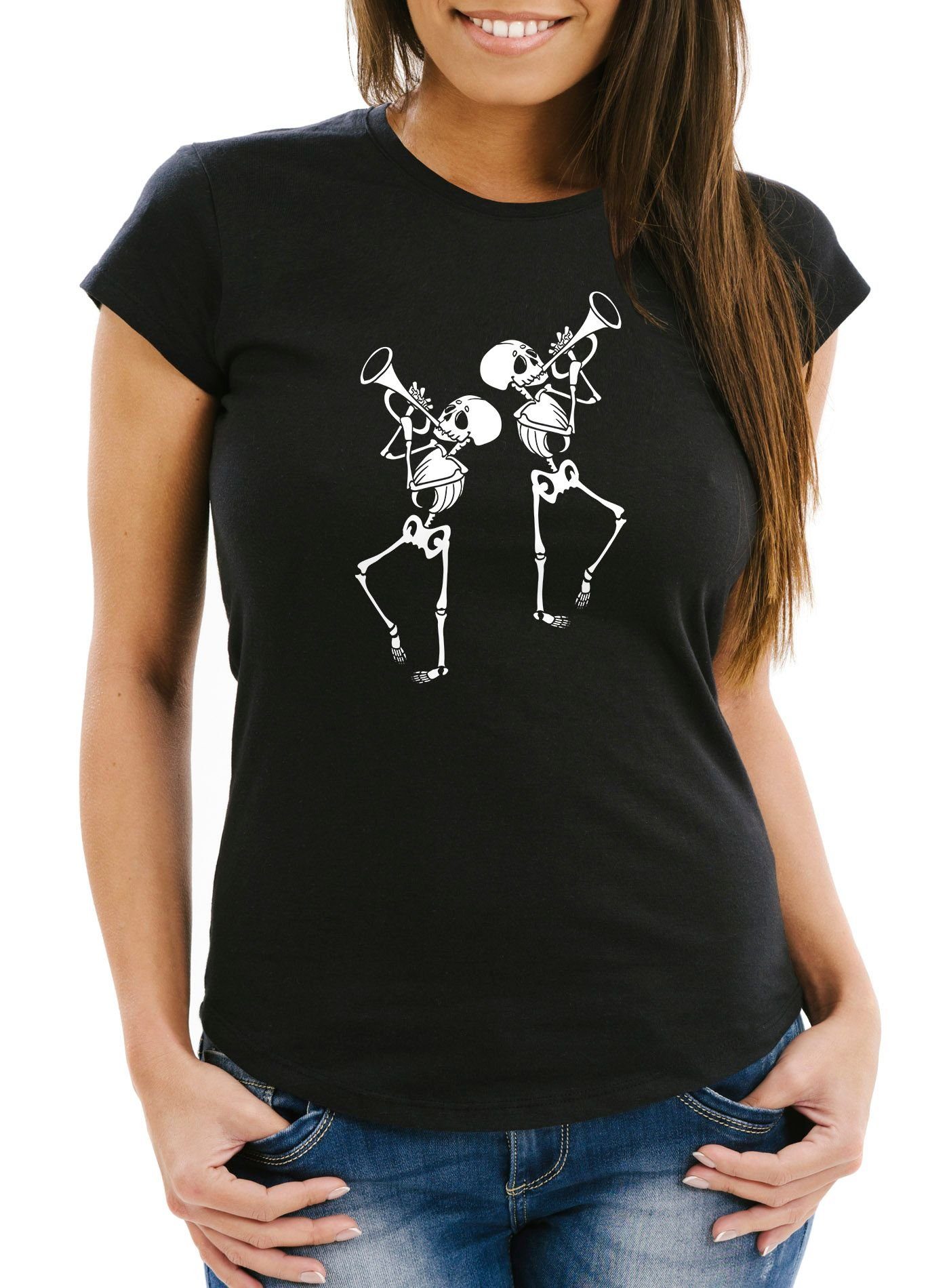 Damen Shirts MoonWorks Print-Shirt Damen T-Shirt Spooktober Skeletons Skelette Trompete Slim Fit Moonworks® mit Print