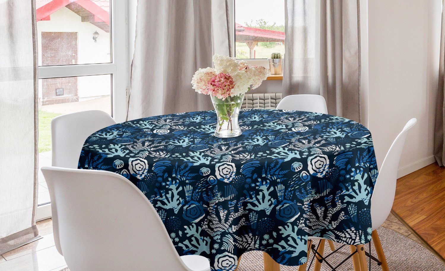 Abakuhaus Tischdecke Kreis Tischdecke Abdeckung für Esszimmer Küche Dekoration, Unterwasser- Tiefseeblau Corals