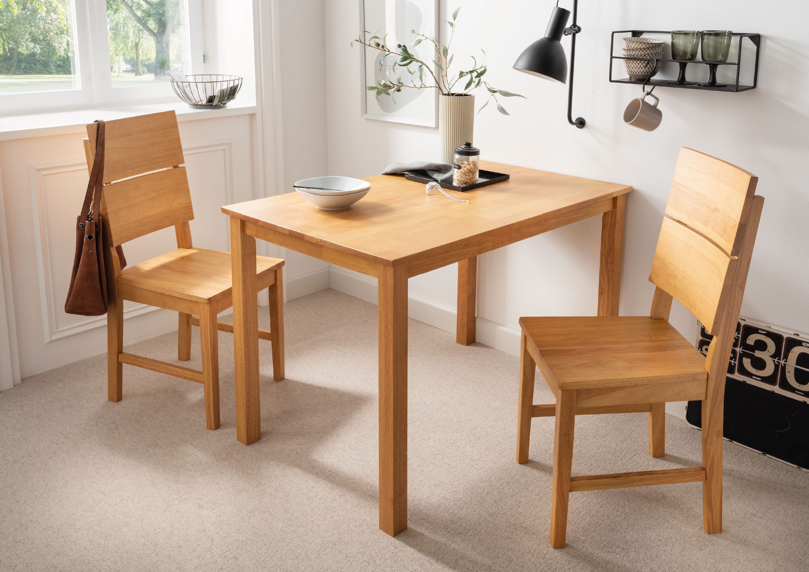 Woodroom Essgruppe Kota, (aus Hevea Massivholz, lackiert, Esstisch 110x70cm mit 2 Stühlen), Stuhl-Set und Tischgruppe für Esszimmer