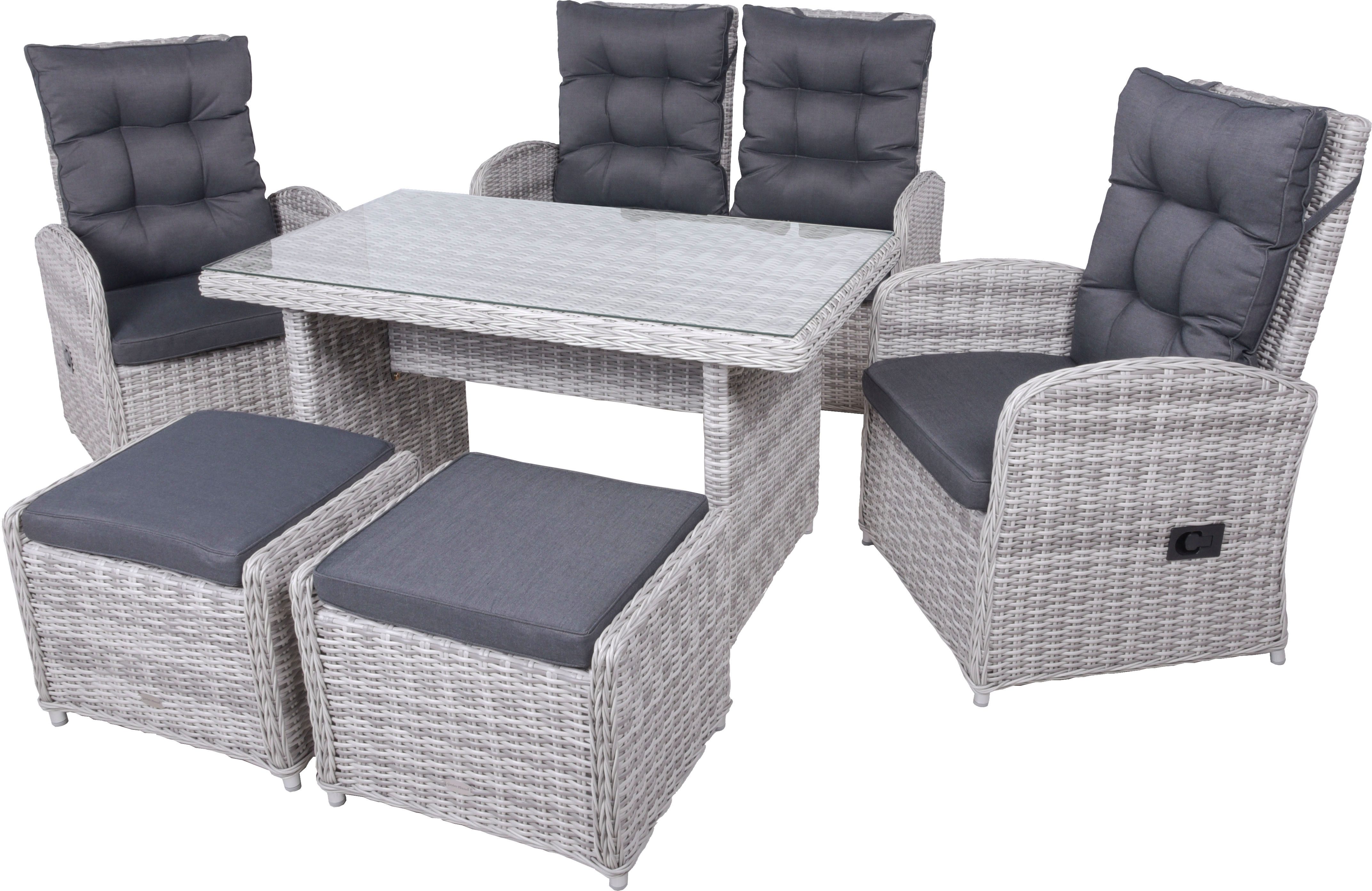 Garden Pleasure Garten-Essgruppe, Tischgruppe »LYON« grau, (Set), 2 Sessel, 1 Bank, 2 Hocker, Tisch LxB: 122x72 cm, inkl Auflagen