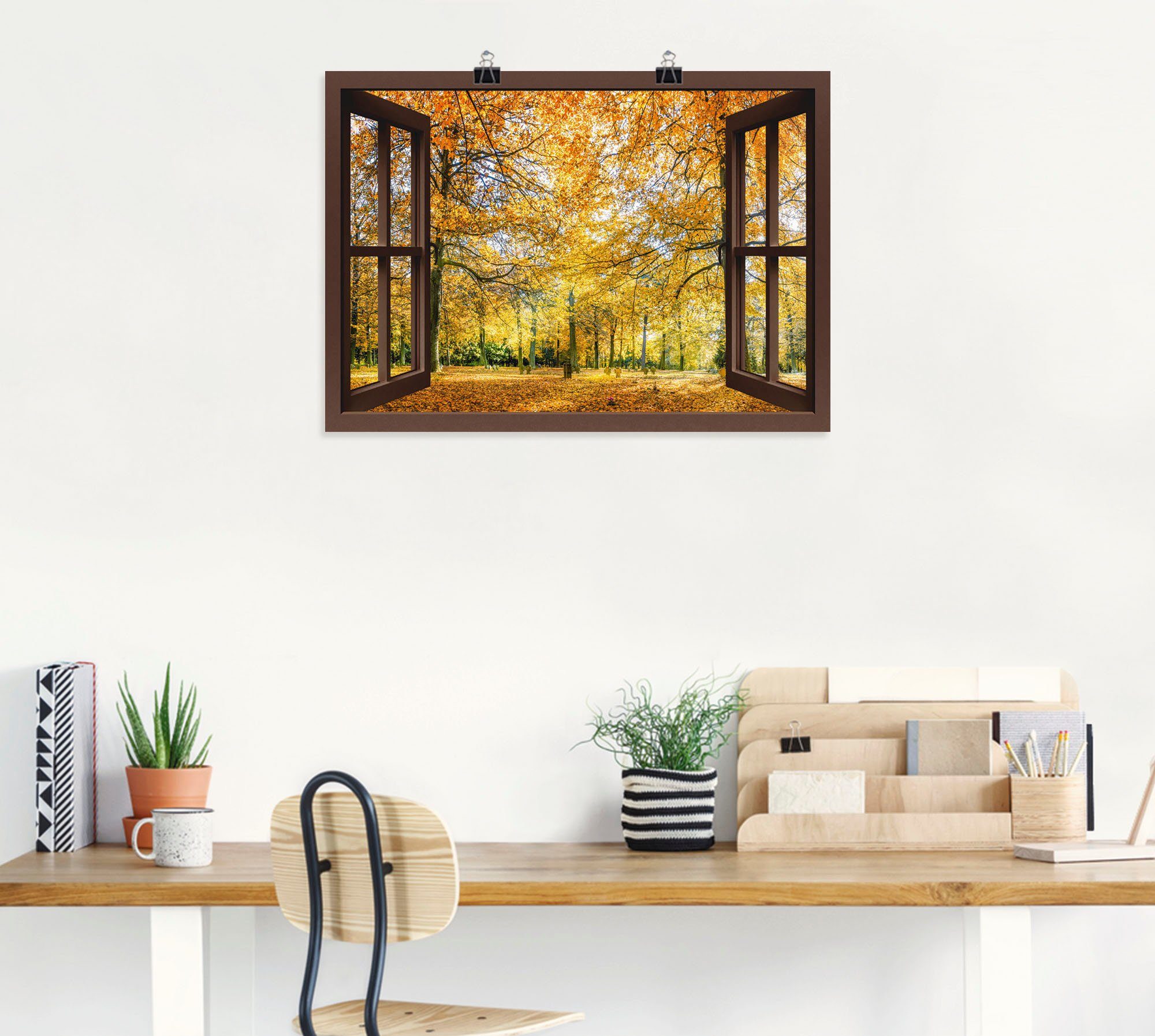 Wandaufkleber Größen Wandbild (1 Poster in Fensterblick als Herbstwald Leinwandbild, Fensterblick St), Panorama, - Artland versch. oder