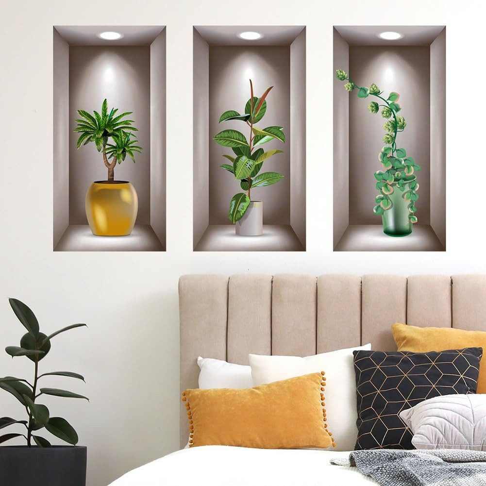 MOPUEA Wandsticker Wandsticker Pflanzen Wandtattoo 3D Vasen Wandaufkleber Wohnzimmer (Wandsticker Set mit grünen Pflanzen und Vasen Design, 3D Pflanzen Wandsticker Set für Wohnzimmer und Schlafzimmer), 3D Pflanzen Design selbstklebend wasserfest abnehmbar