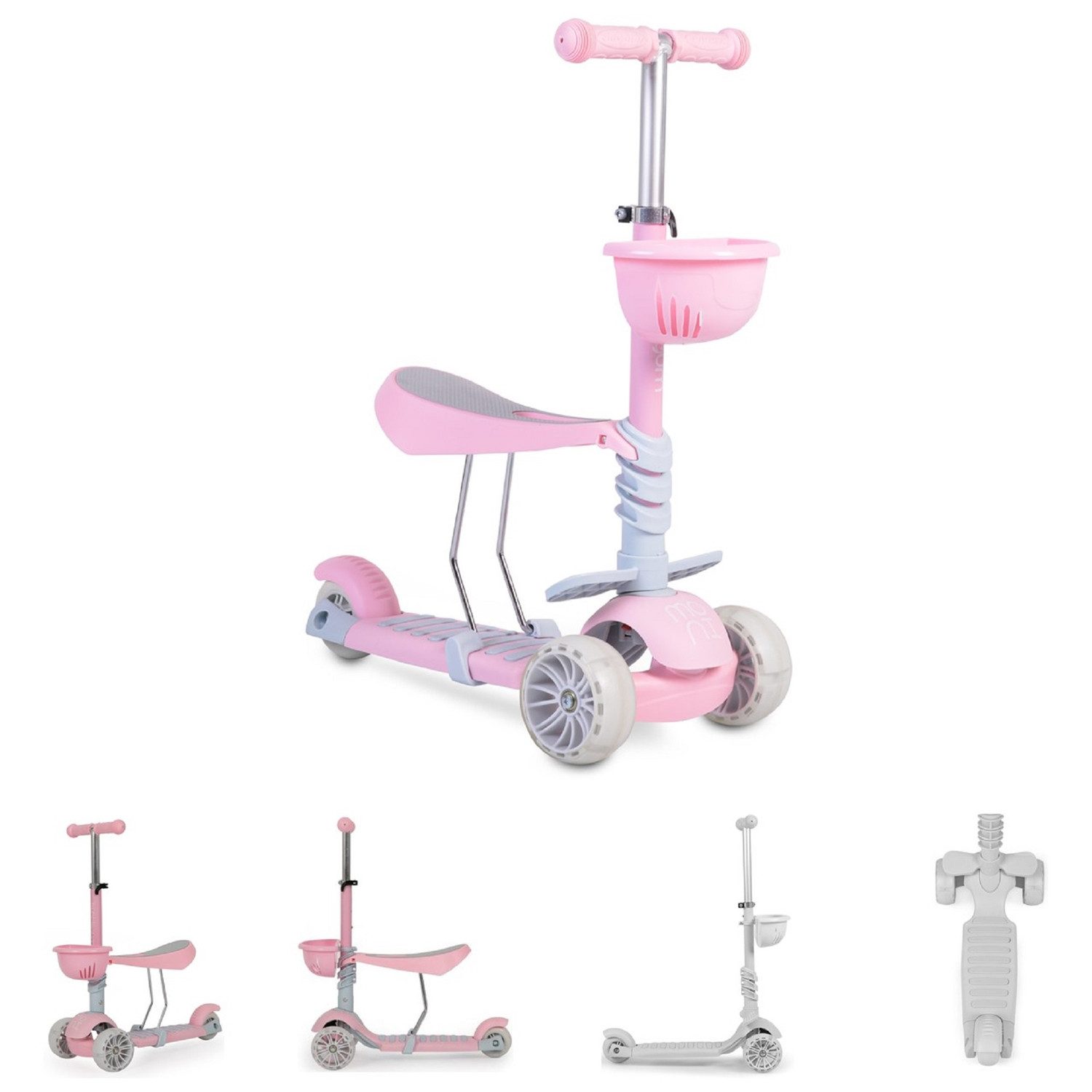 Moni Cityroller Kinderroller, Bubblegum 2 in 1, Höhe einstellbar, Sitz abnehmbar, 3 Räder