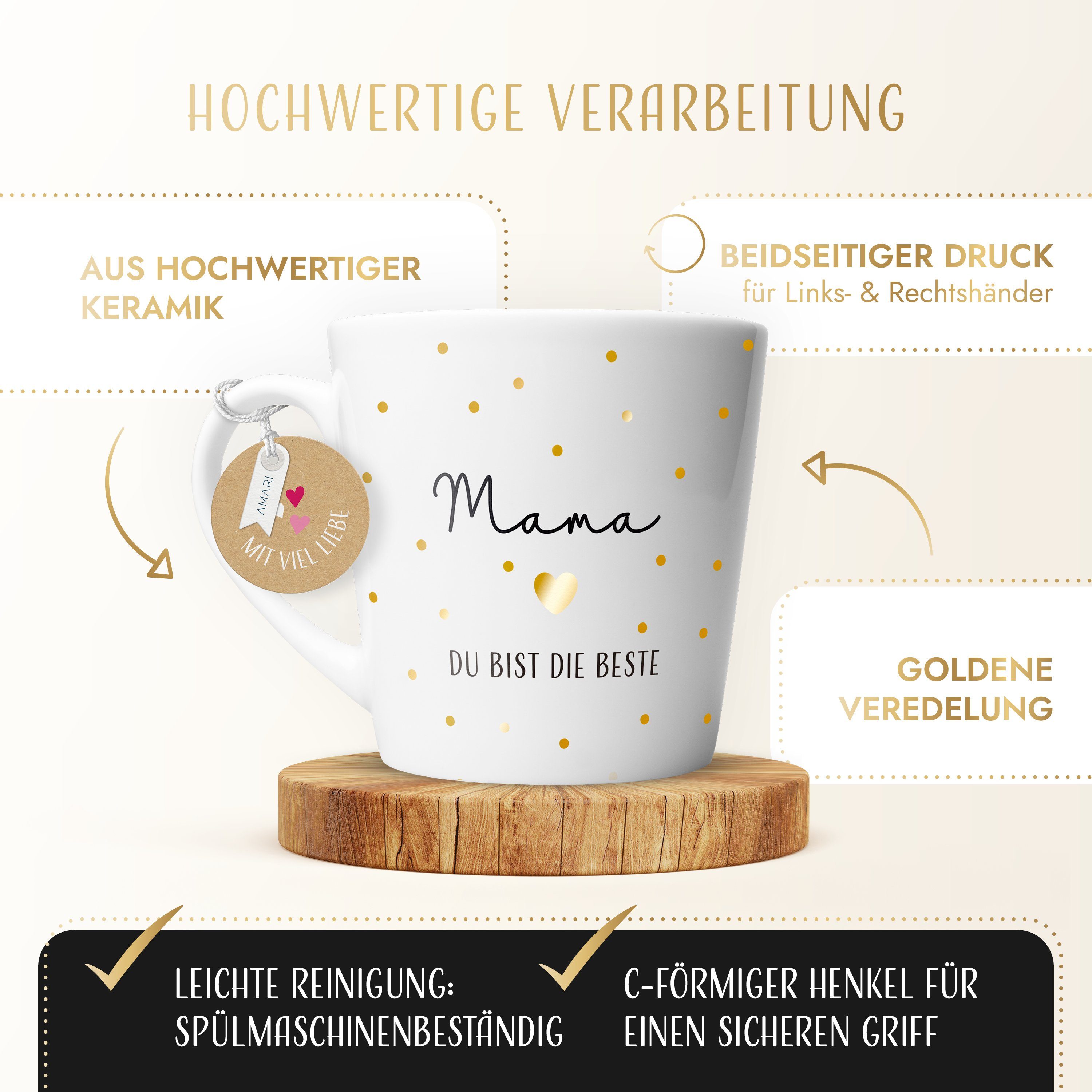 Amari Tasse für die Beste Mama Geschenk hochwertige Goldveredelung, Muttertag, Kaffeetasse, Teetasse, Bürotasse, 330 ml