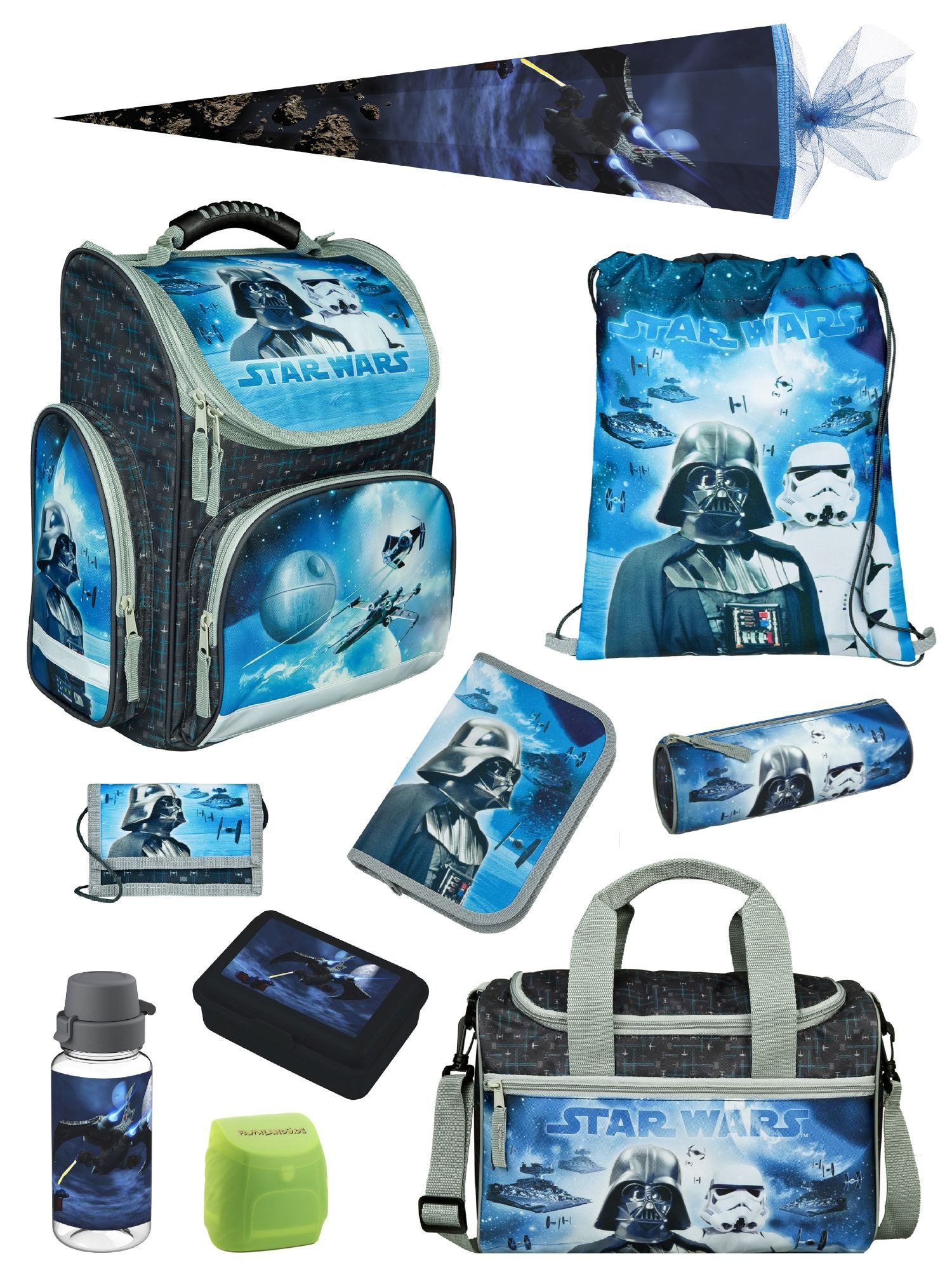Familando Schulranzen Clou Star Wars Schultasche, Darth Vader, blau, ab 1. Klasse (Komplett-Set, 10-tlg., mit Lunch-Set, Sporttasche und Schultüte 85 cm), kompakt, mit 2- Wege Reißverschluss