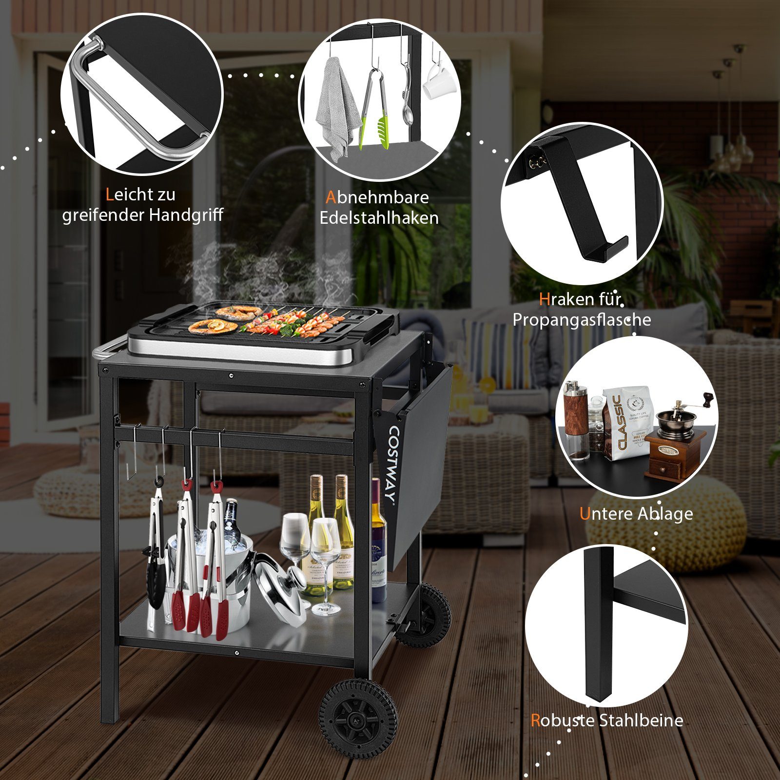 Grillwagen mit Klappbarer Tischplatte & 2 Ablagen & 4 Haken Beweglicher Campingtisch