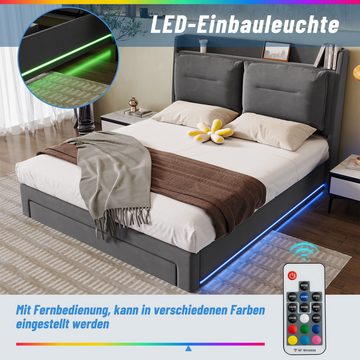 WISHDOR Polsterbett Hydraulisches Bett (LED-Licht-Polsterbett, mit Lattenrost, 140*200cm), 2-in-1 Stauraumschubladen, eingelassene LED-Lichtleisten