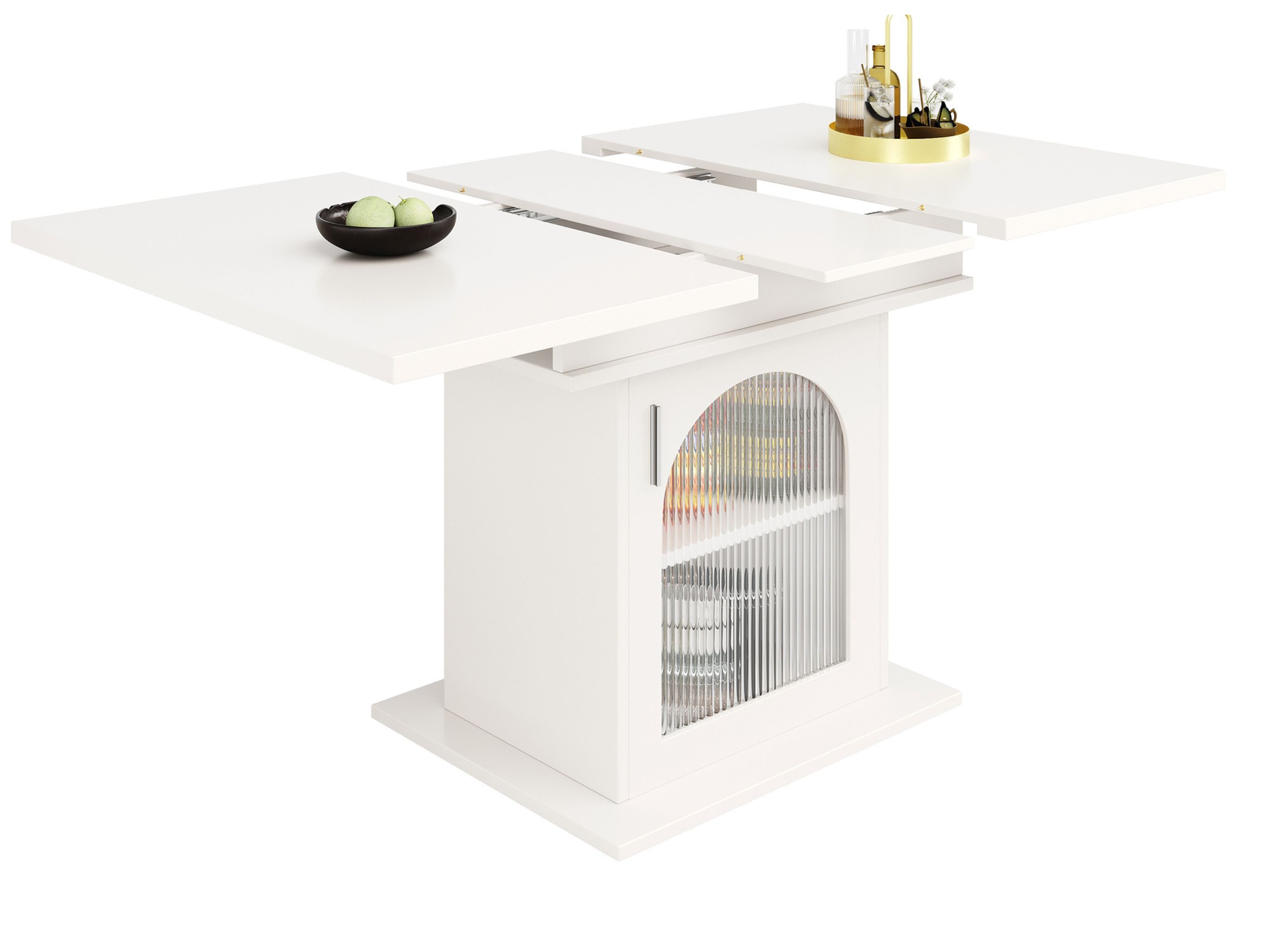 SeedWave Esstisch mit Stauraum, Erweiterbar von 110-140 cm, Ideal für kleinere Räume, Verstellbare Regale, Geriffelte Glastüren, Moderner Stil, 4-8 Personen