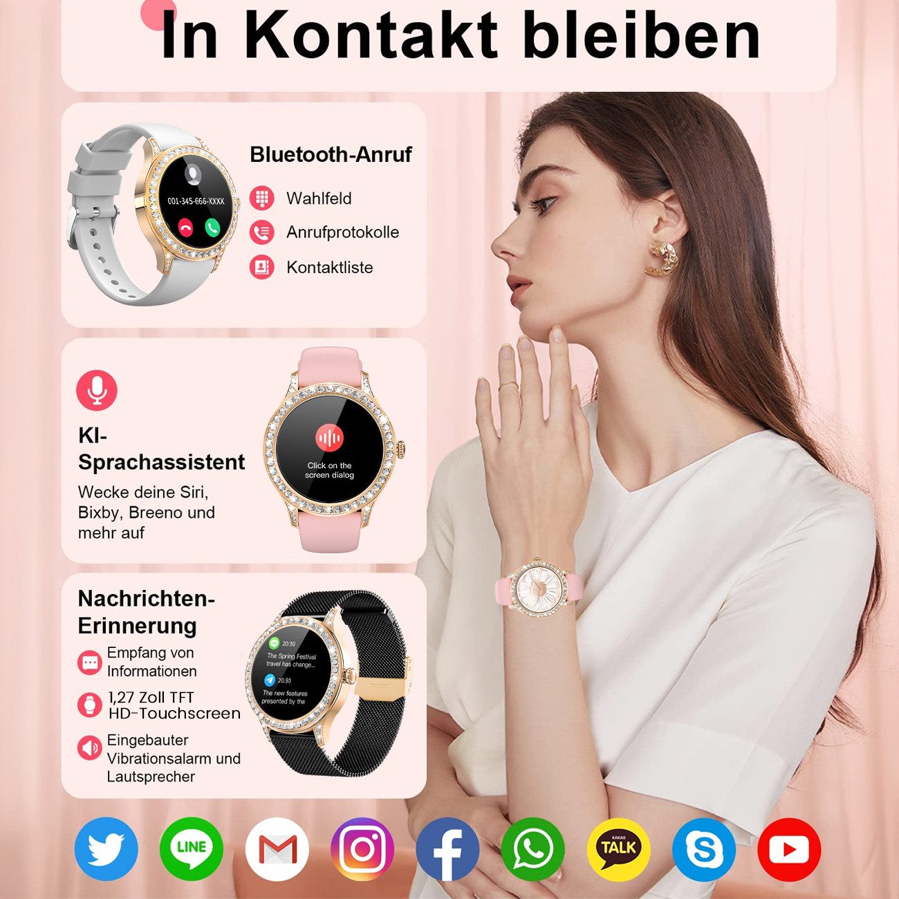 ANYSUN Smartwatch Damen mit Bluetooth-Anru/ mit 58 Diamanten Smartwatch (1,27 Zoll) Fitness Tracker Uhr für Damen Herren mit Schlafmonitor, IP68 Wasserdicht/120+ Sportmodi/Damen-Sportuhr für Android iOS