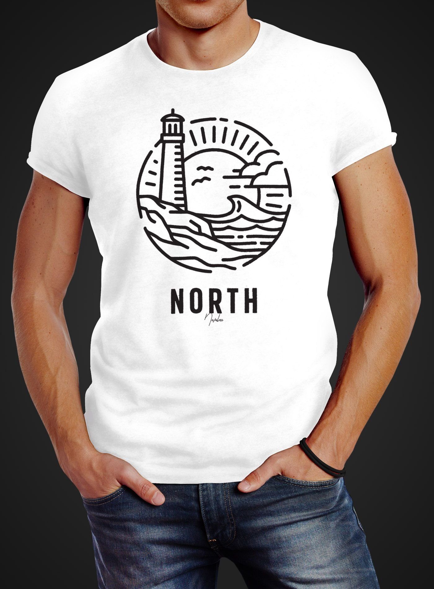 Slim mit Print-Shirt Leuchtturm Logo Neverless® Outline Fit North Art weiß Print Neverless Welle maritim T-Shirt Aufdruck Herren
