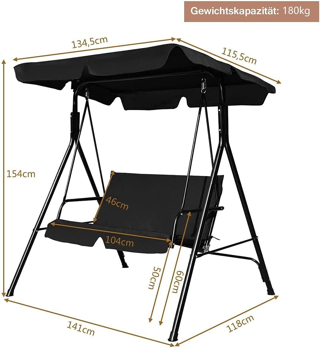 COSTWAY Schwarz 2-Sitzer Hollywoodschaukel Gartenschaukel, Gartenliege, mit Sonnendach,