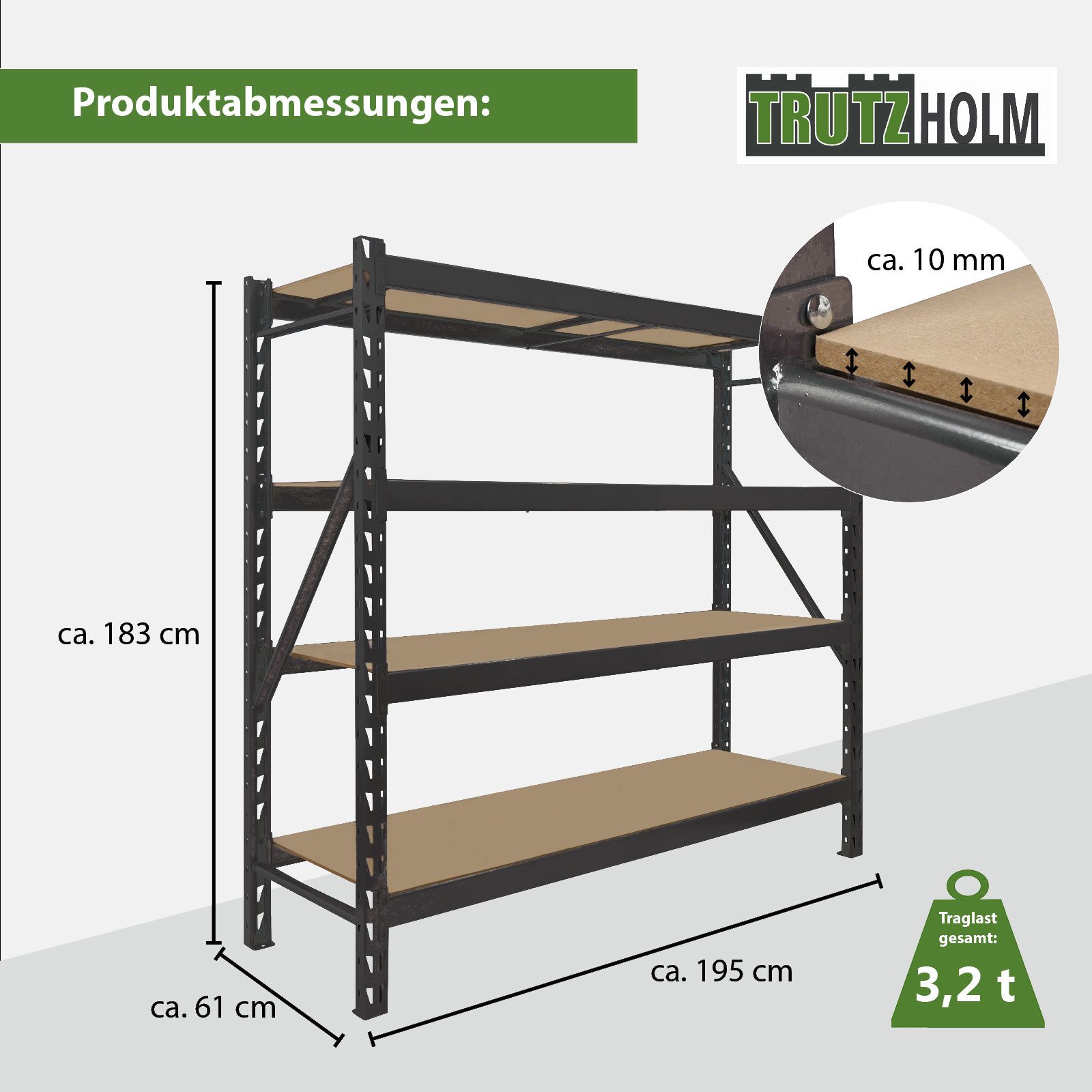 TRUTZHOLM Steckregal Schwerlastregal Emil 3200 kg aus Stahl Stecksystem 4 Fachböden, Komplett-Set, 180x190x60cm