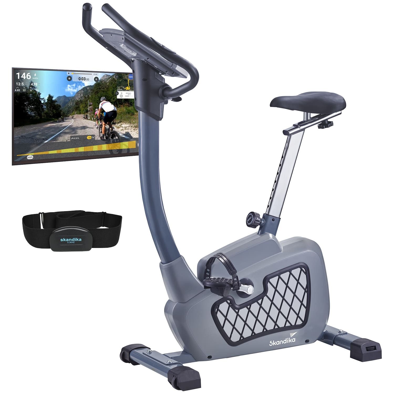 Skandika Heimtrainer Wiry Heimtrainer Fahrrad für Zuhause, 11kg Schwungmasse, Magnetbremssystem, 24 Trainingsprogramme, Bluetooth, Kinomap & App