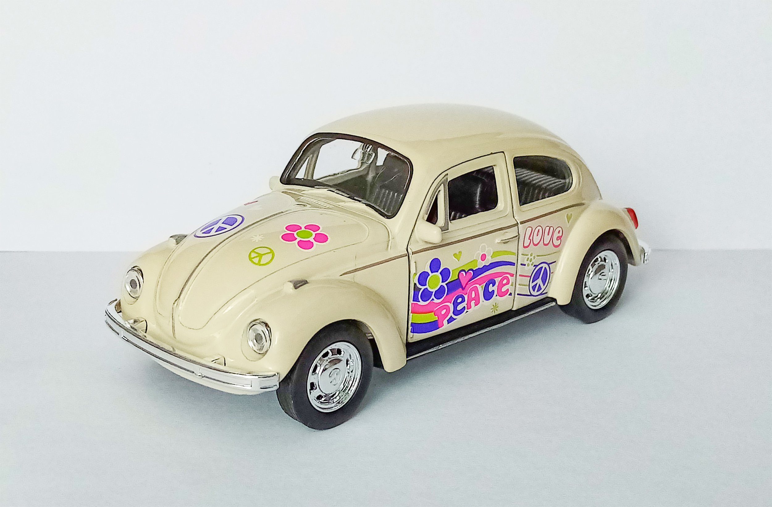 Welly Modellauto VOLKSWAGEN BEETLE Käfer Flower Power Hippy VW 73 (Creme/Love), Modellauto Modell Spielzeugauto Kinder Geschenk