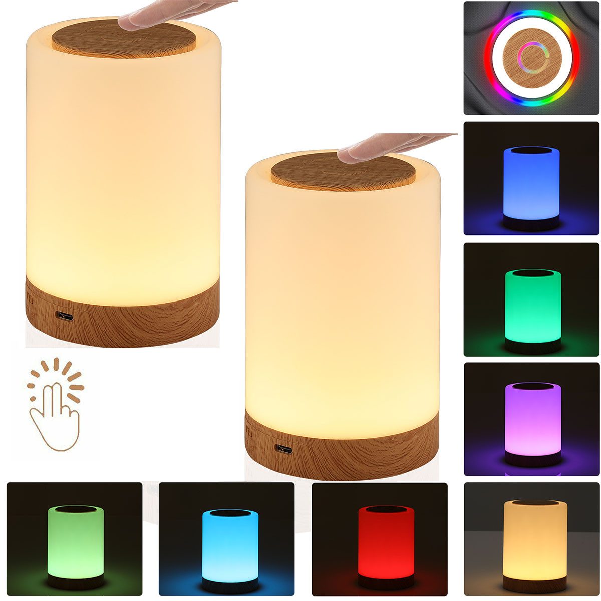 LED Nachtlicht 2 Stück Tischlampe Touch Dimmbar, Nachtlicht mit Holzmaserung Geschenk