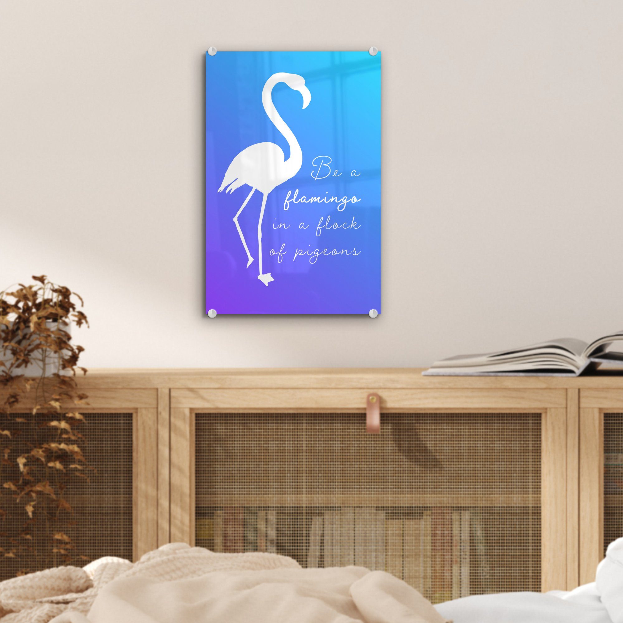 MuchoWow Acrylglasbild Glas auf Bilder Flamingo, - Blau Weiß Glas Wanddekoration - Foto - St), - auf bunt Wandbild Glasbilder - (1