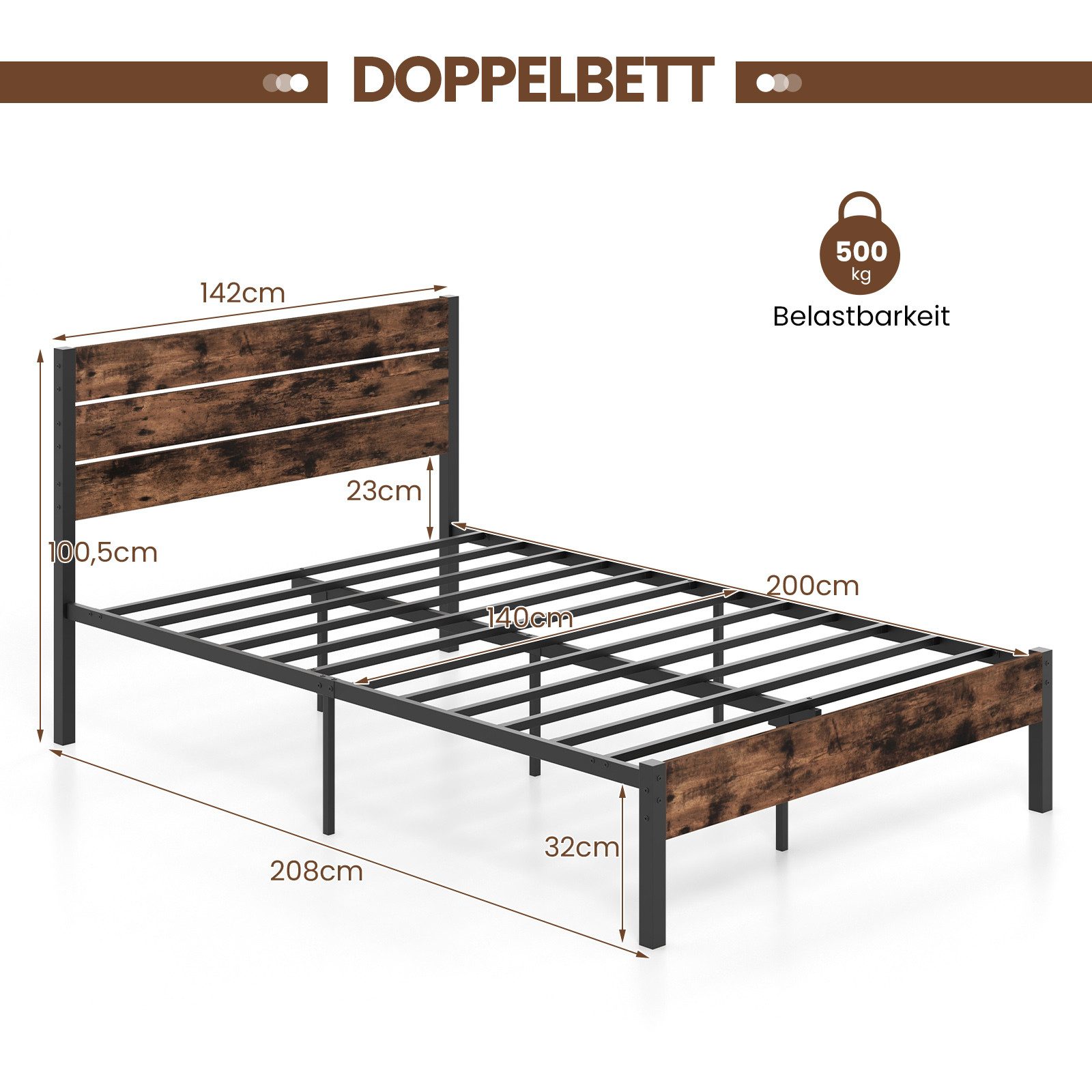 COSTWAY Bettgestell (1-tlg), Metallbett, Bettrahmen, mit Lattenrost, für 140x200cm Matratze