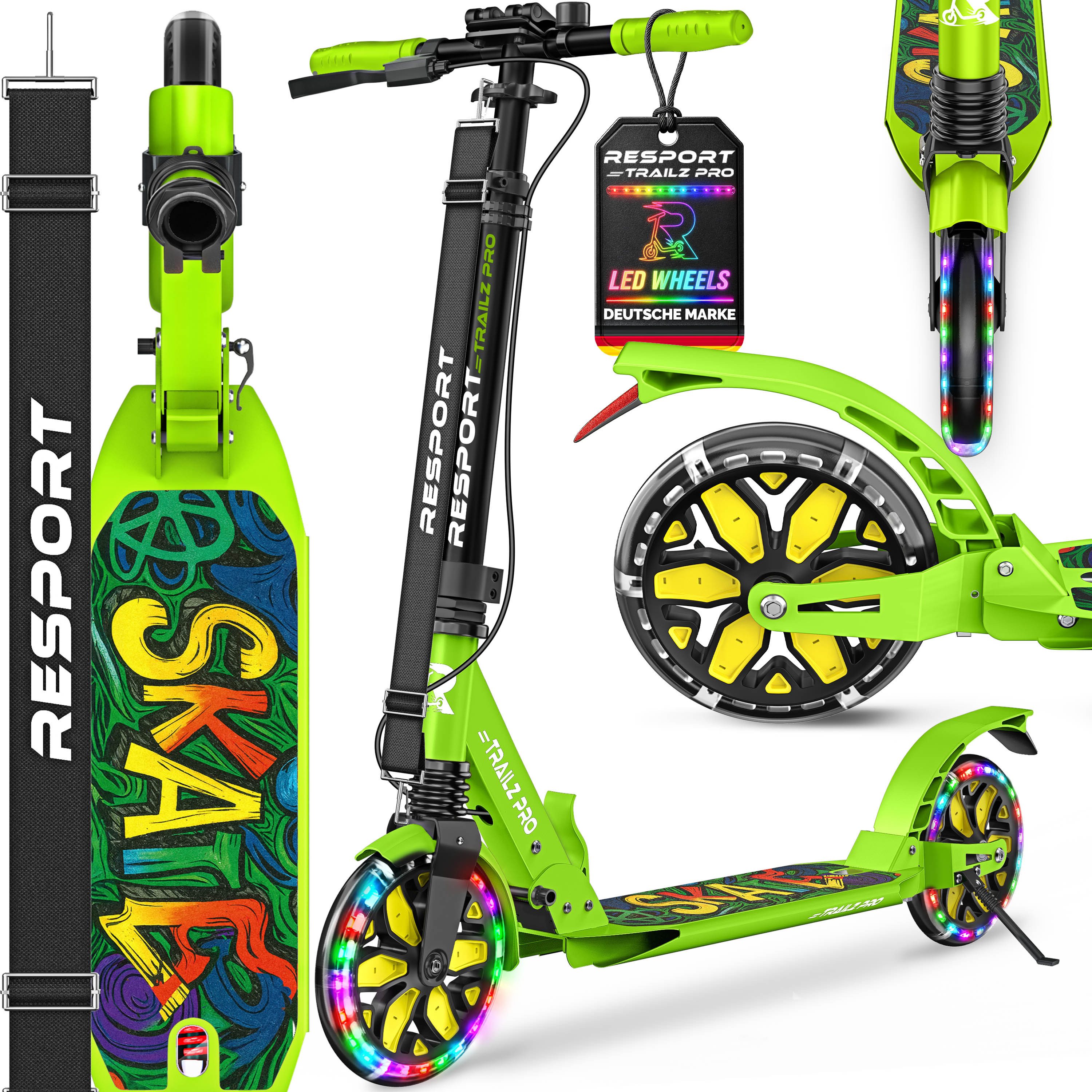 RE:SPORT Cityroller RE:SPORT® Trailz Pro Cityroller Scooter inkl. Tragegurt und Klingel, (Scooter höhenverstellbar & klappbar, Kickscooter Tretroller inkl. Handbremse & Doppelfederung), Cityroller für Kinder & Erwachsene mit LED, Klingel & Tragegurt