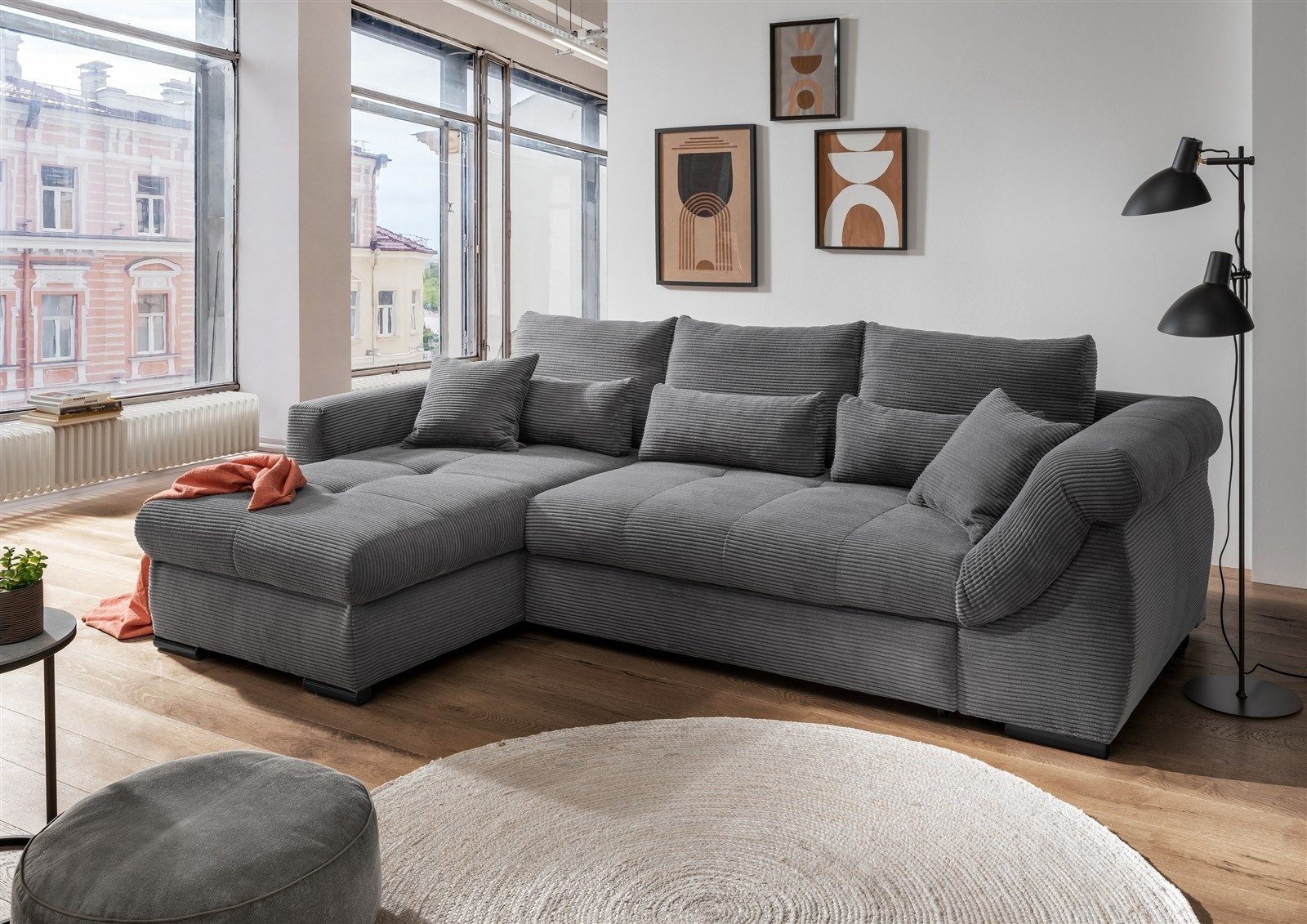 freiraum Polsterecke Felicia, Stauraum, Scvhlaffunktion, Cord grau - 302x89x188cm (BxHxT)