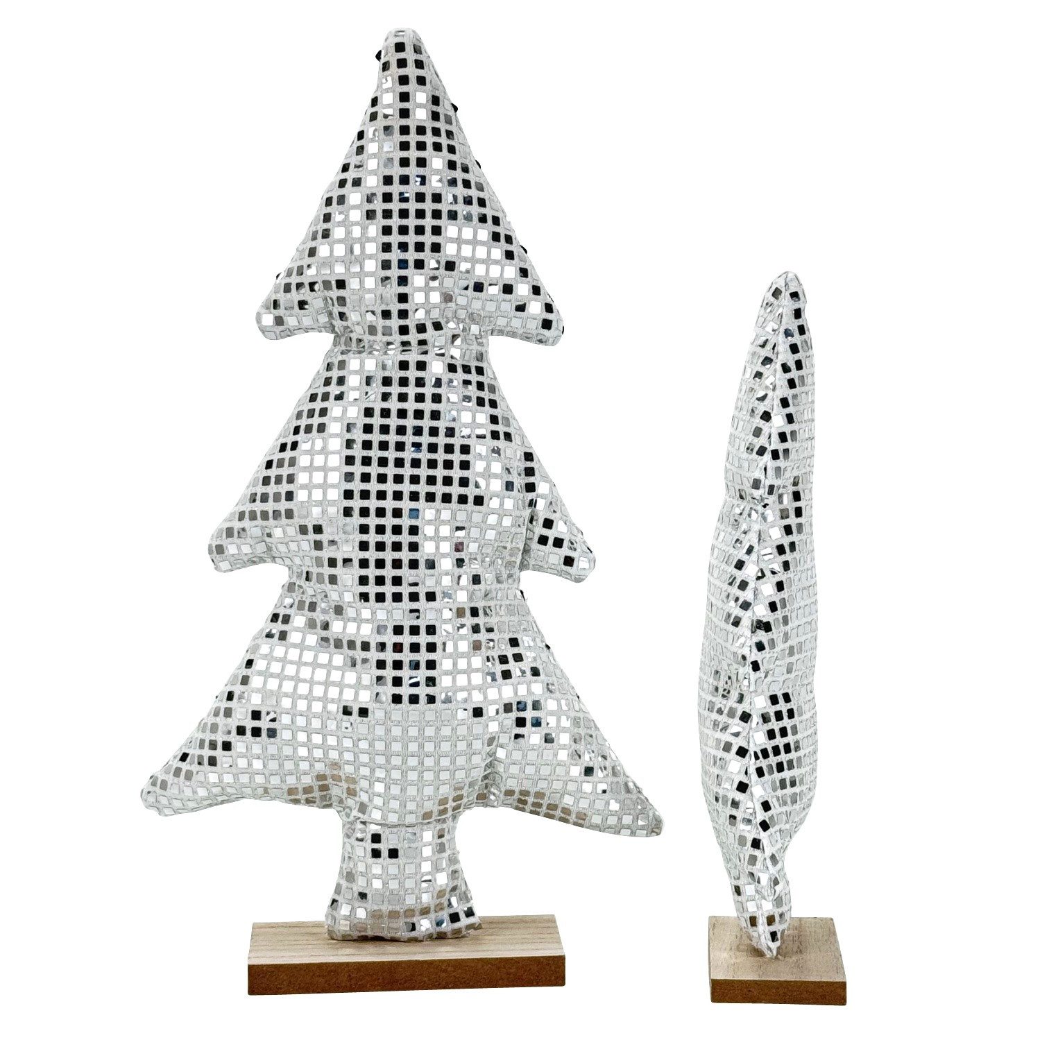 Online-Fuchs Dekofigur 2 Weihnachtsbäume im Set mit Discokugel Effekt - moderne Dekoration (silber, weißes Design, 27 und 37 cm groß), Glanz und gute Laune in der Weihnachtsdekoration