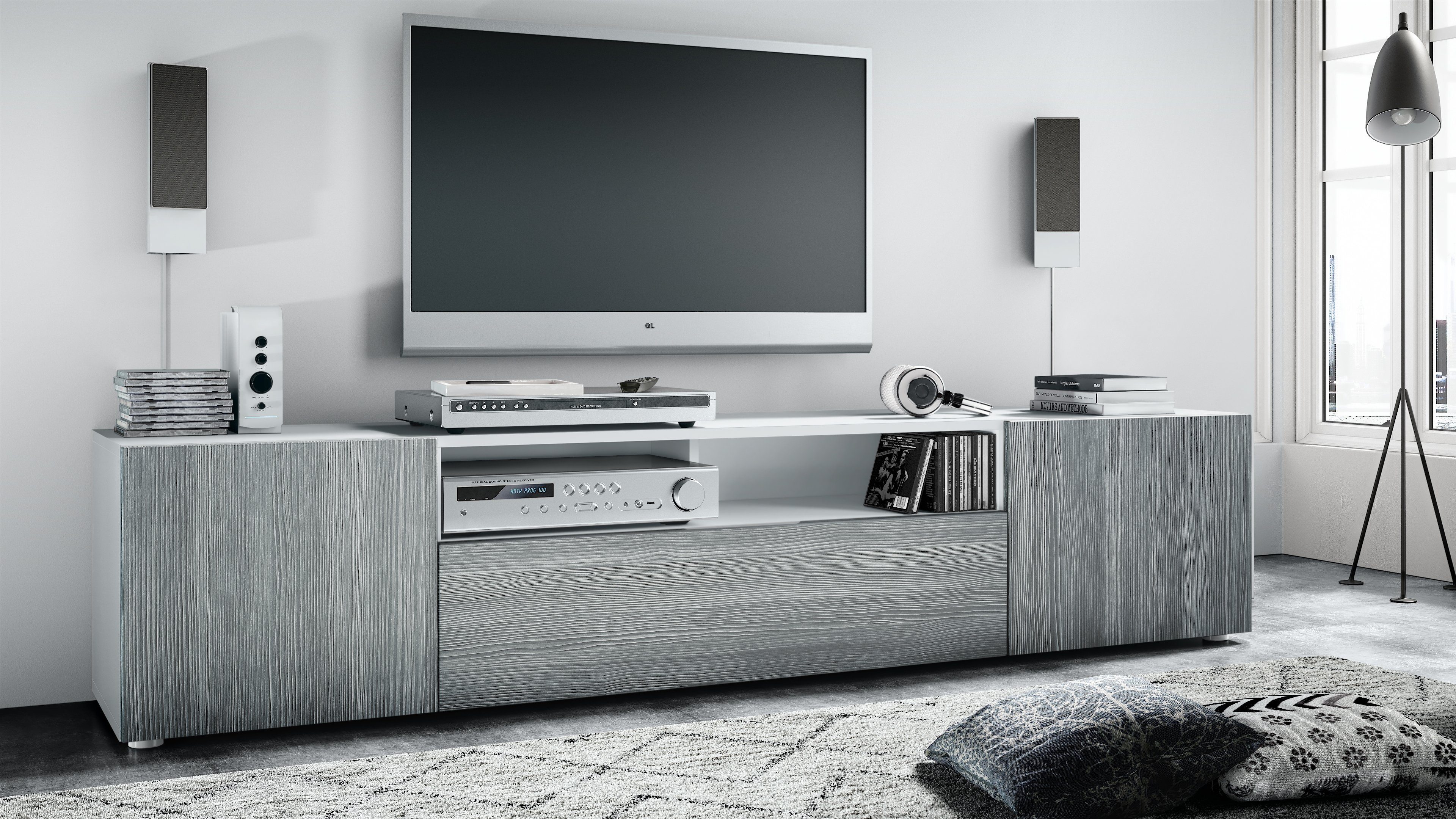 Vladon Lowboard Mogan (TV-Kommode, mit 2 Türen, 1 Klappe und 1 offenes Fach), Weiß matt/ Avola-Anthrazit (181 x 39 x 35 cm)